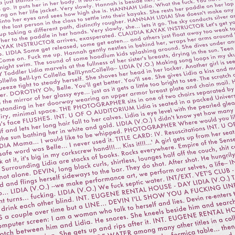 Close-up detail of the The Chronology of Water movie script poster showing dense typographic text.