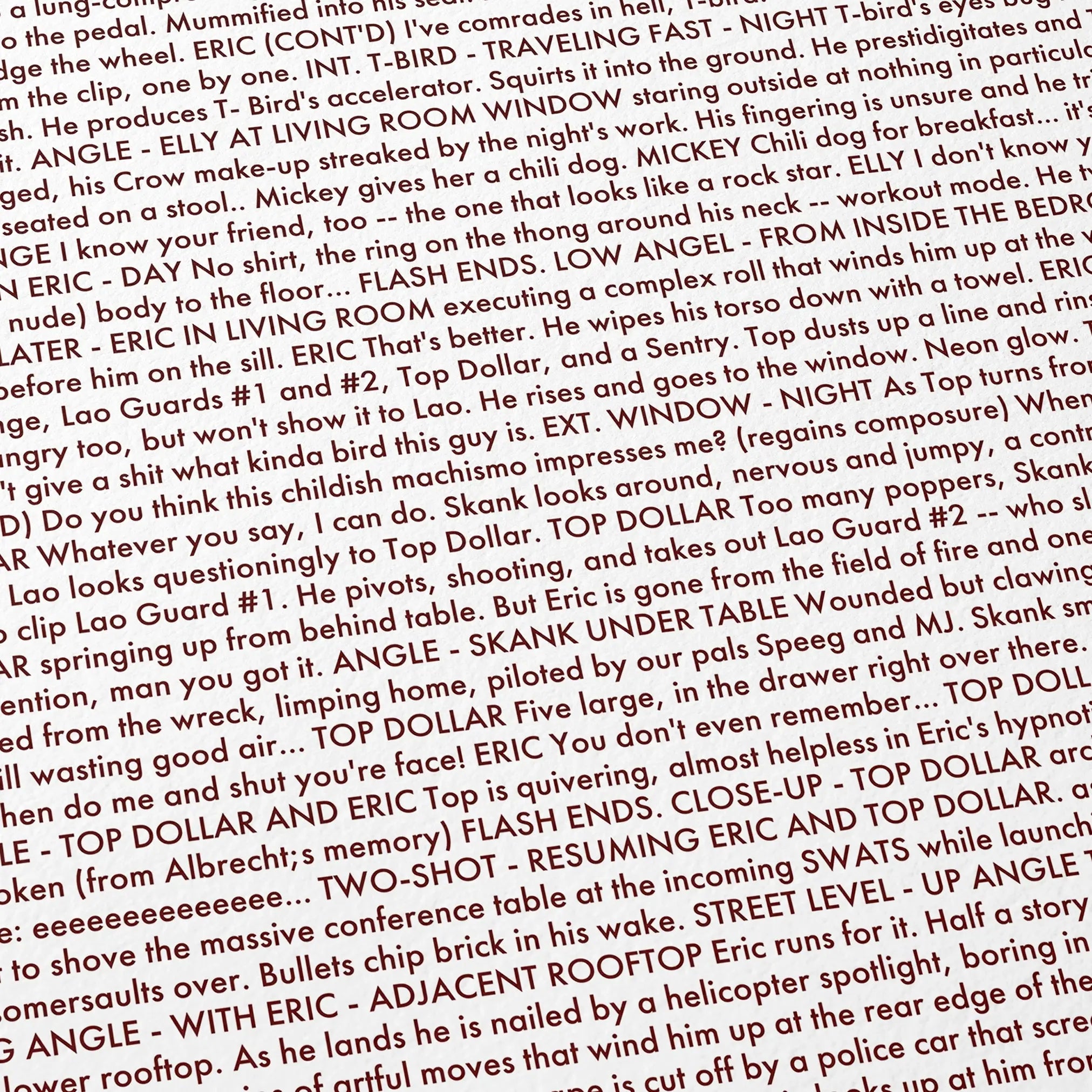 Close-up detail of the The Crow movie script poster showing dense typographic text.
