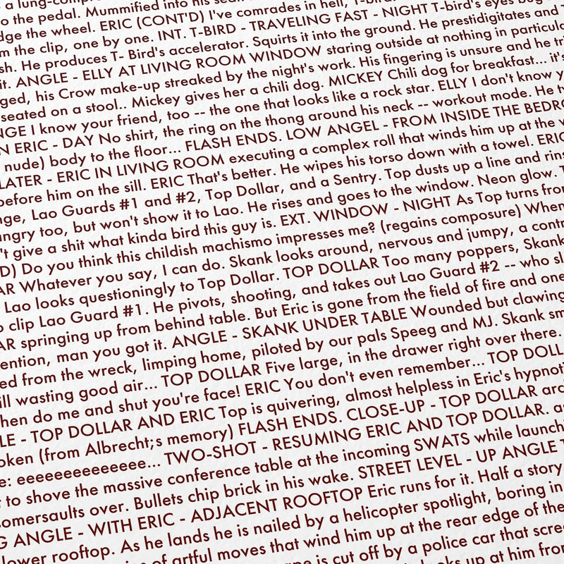 Close-up detail of the The Crow movie script poster showing dense typographic text.