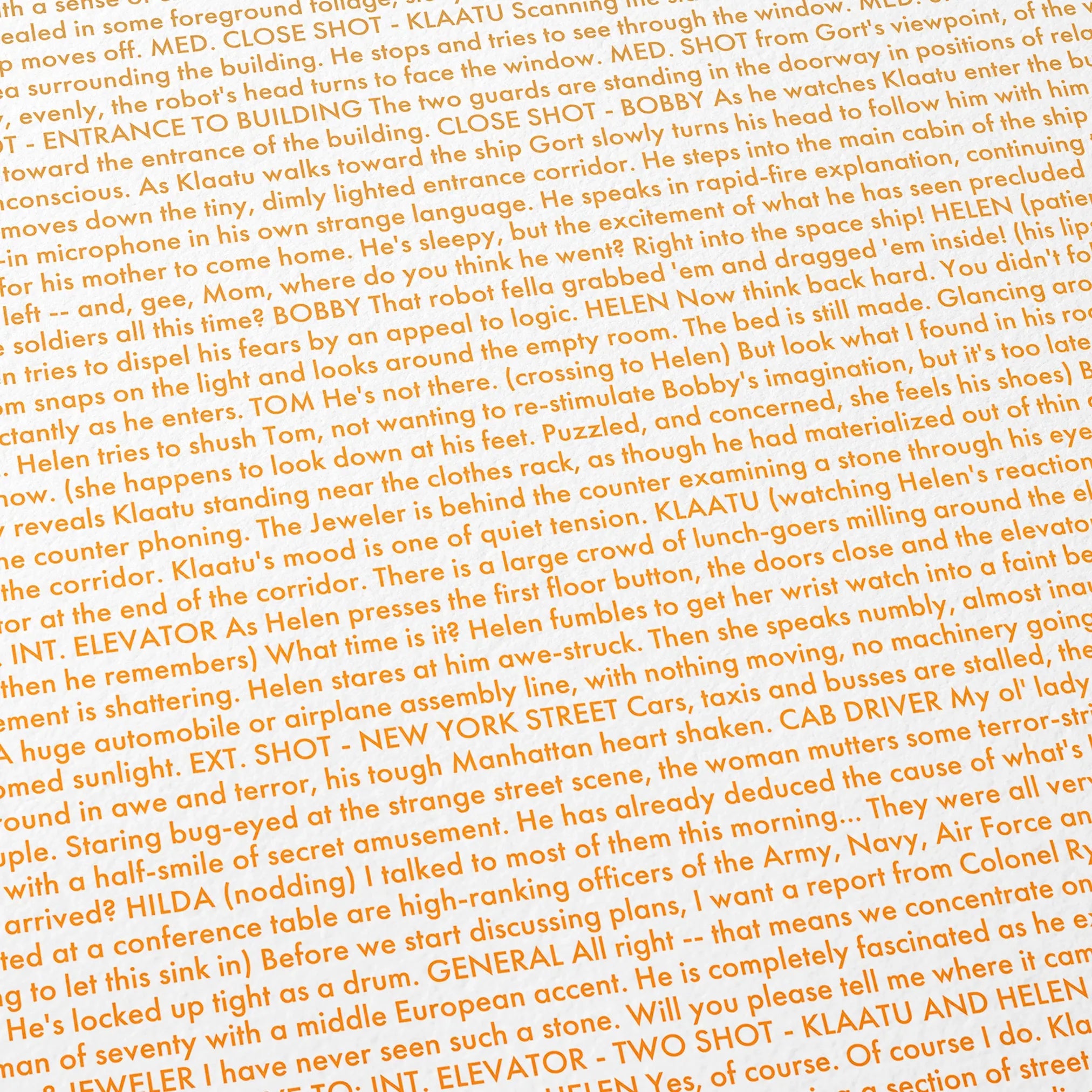 Close-up detail of the The Day the Earth Stood Still movie script poster showing dense typographic text.