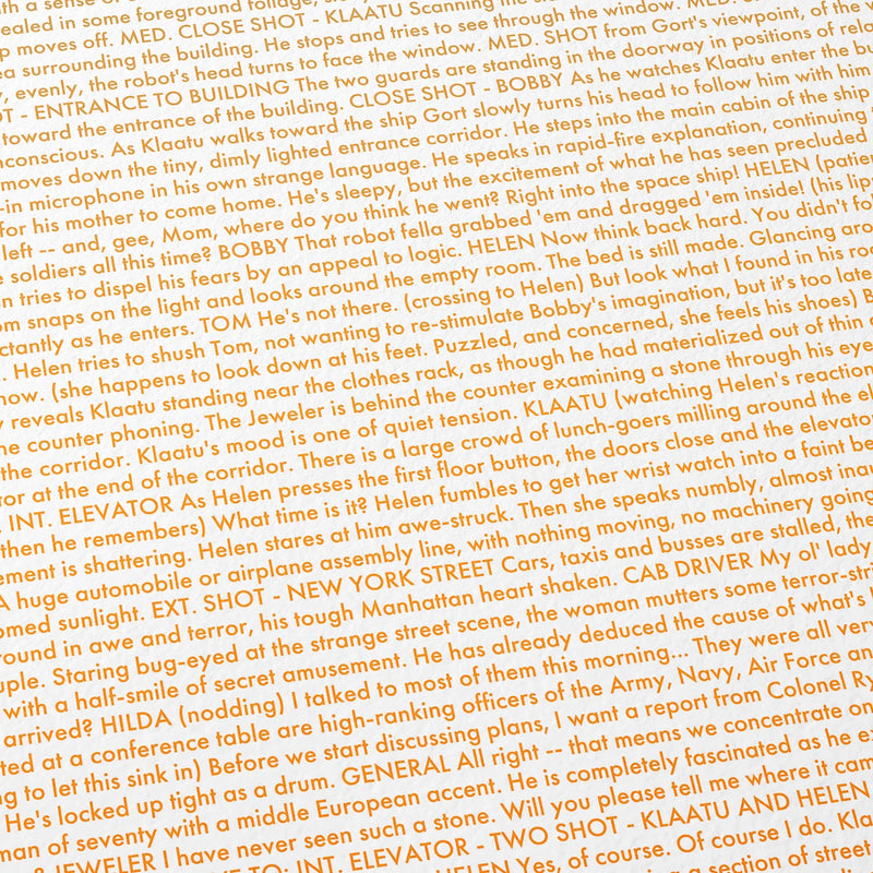 Close-up detail of the The Day the Earth Stood Still movie script poster showing dense typographic text.