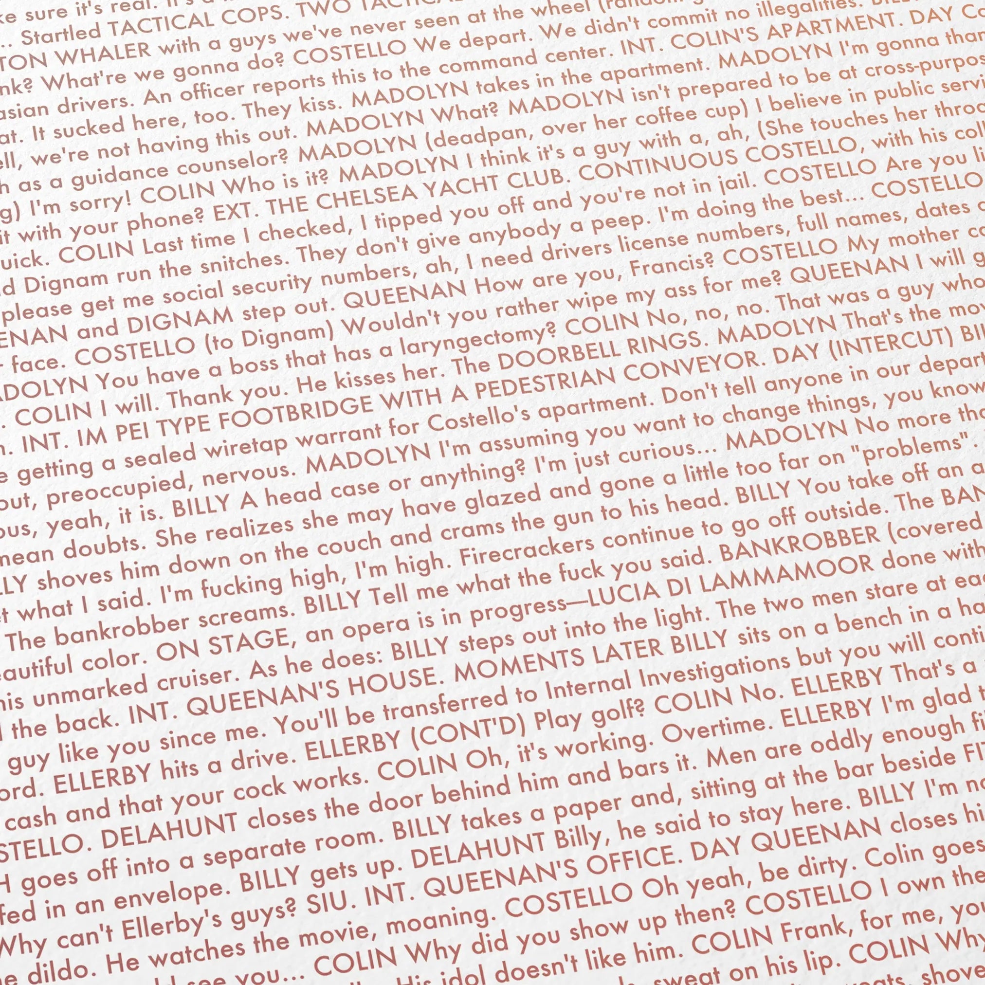 Close-up detail of the The Departed movie script poster showing dense typographic text.