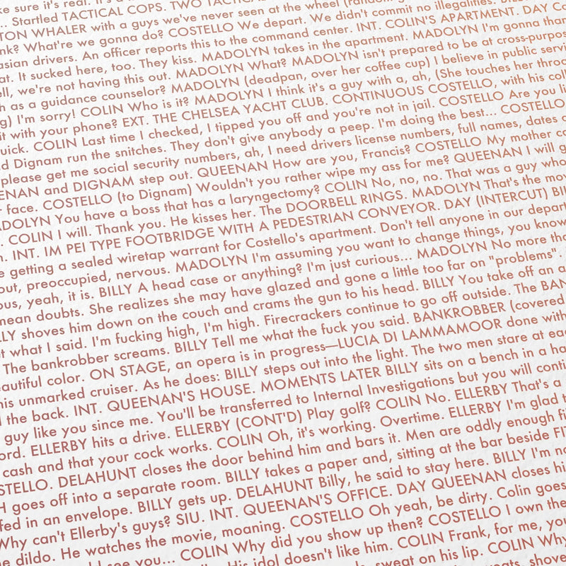 Close-up detail of the The Departed movie script poster showing dense typographic text.
