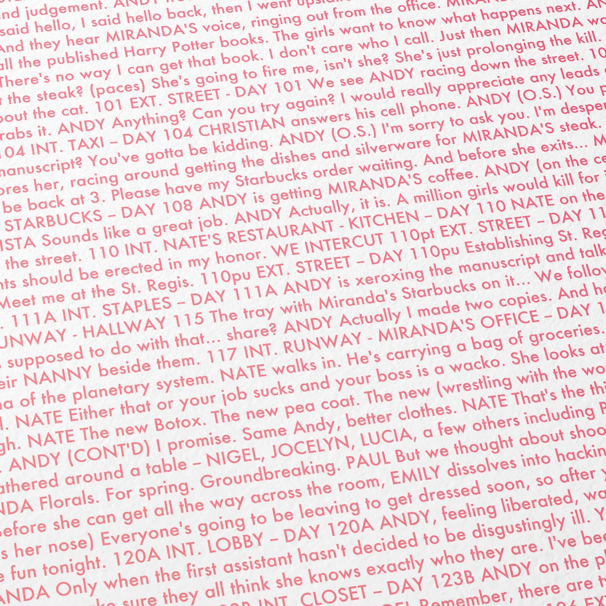 Close-up detail of the The Devil Wears Prada movie script poster showing dense typographic text.