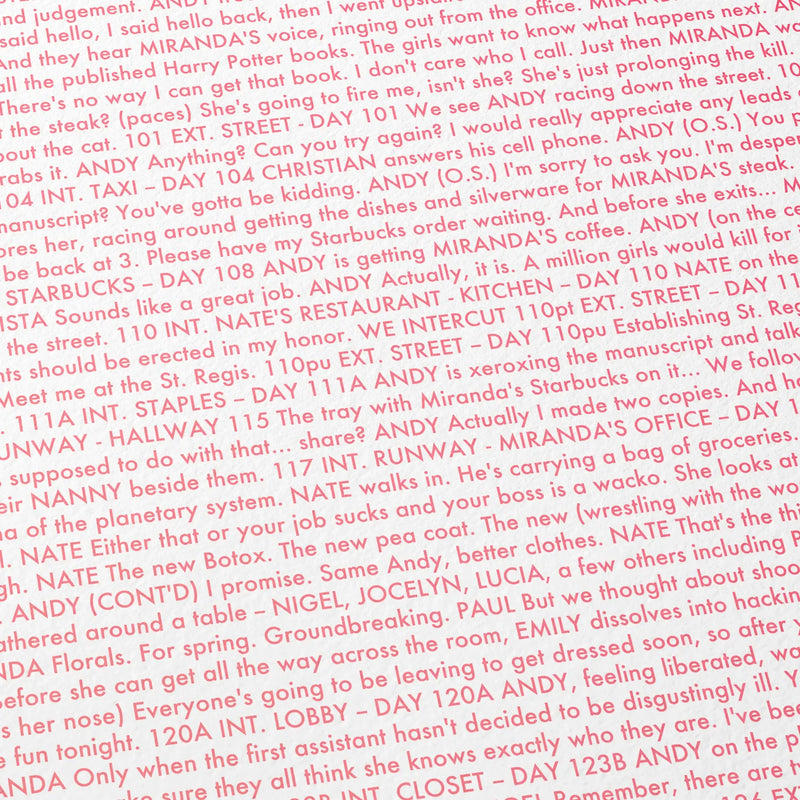 Close-up detail of the The Devil Wears Prada movie script poster showing dense typographic text.