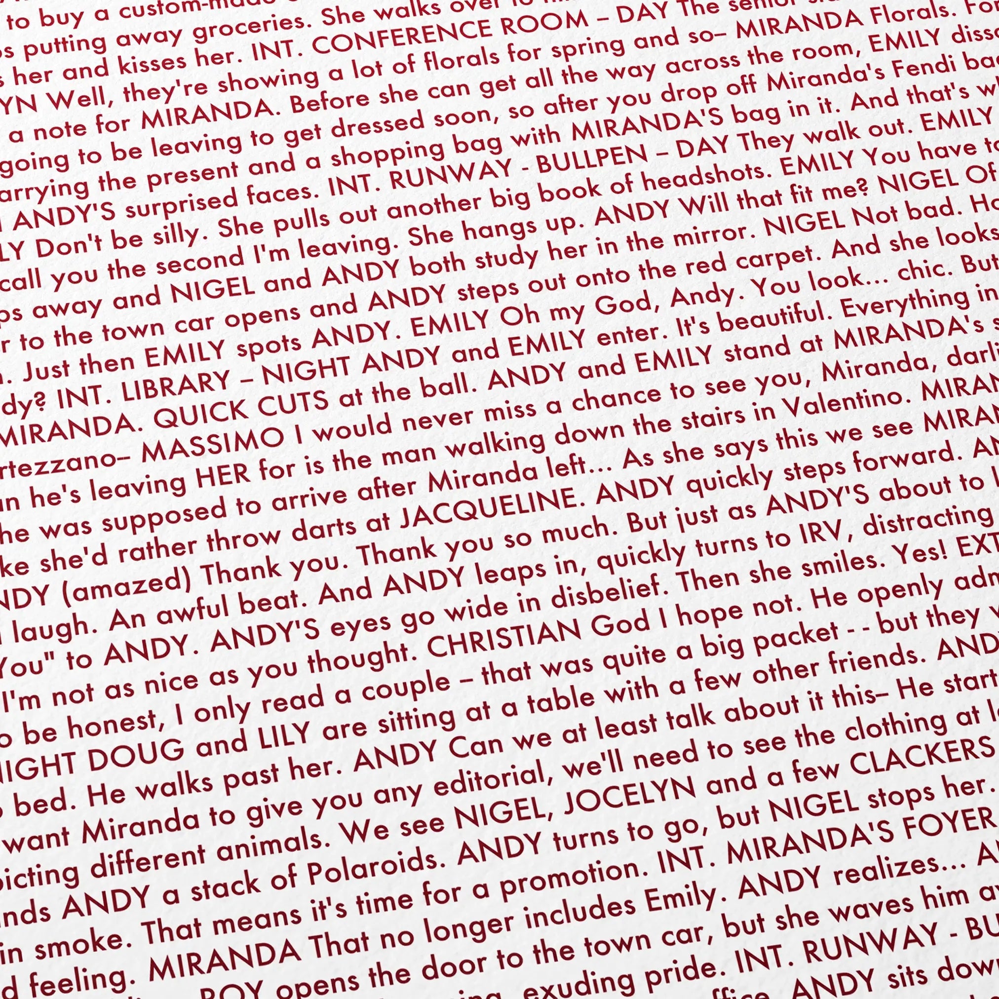 Close-up detail of the The Devil Wears Prada movie script poster showing dense typographic text.