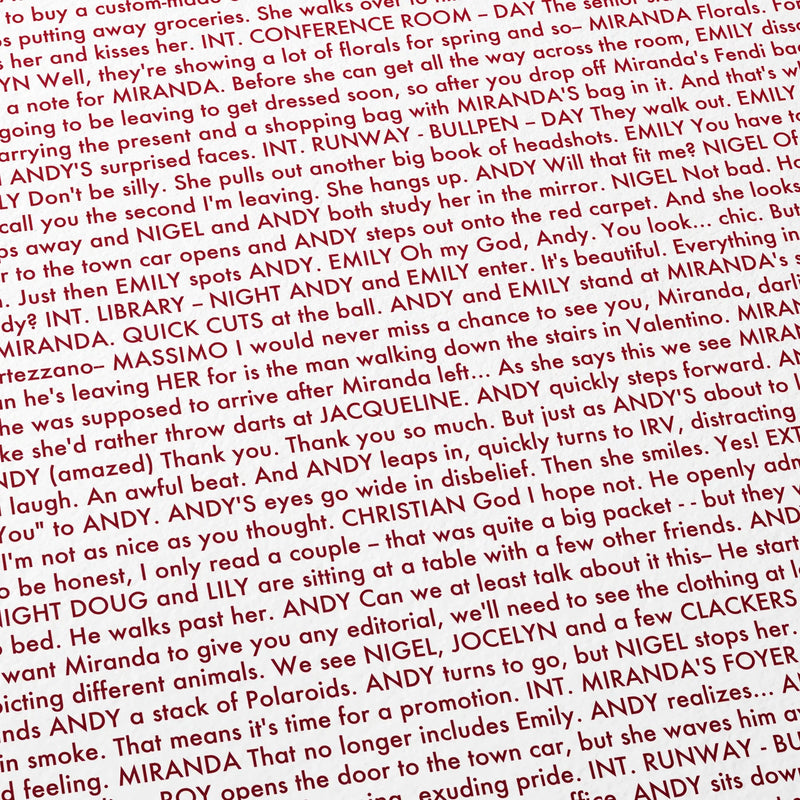 Close-up detail of the The Devil Wears Prada movie script poster showing dense typographic text.