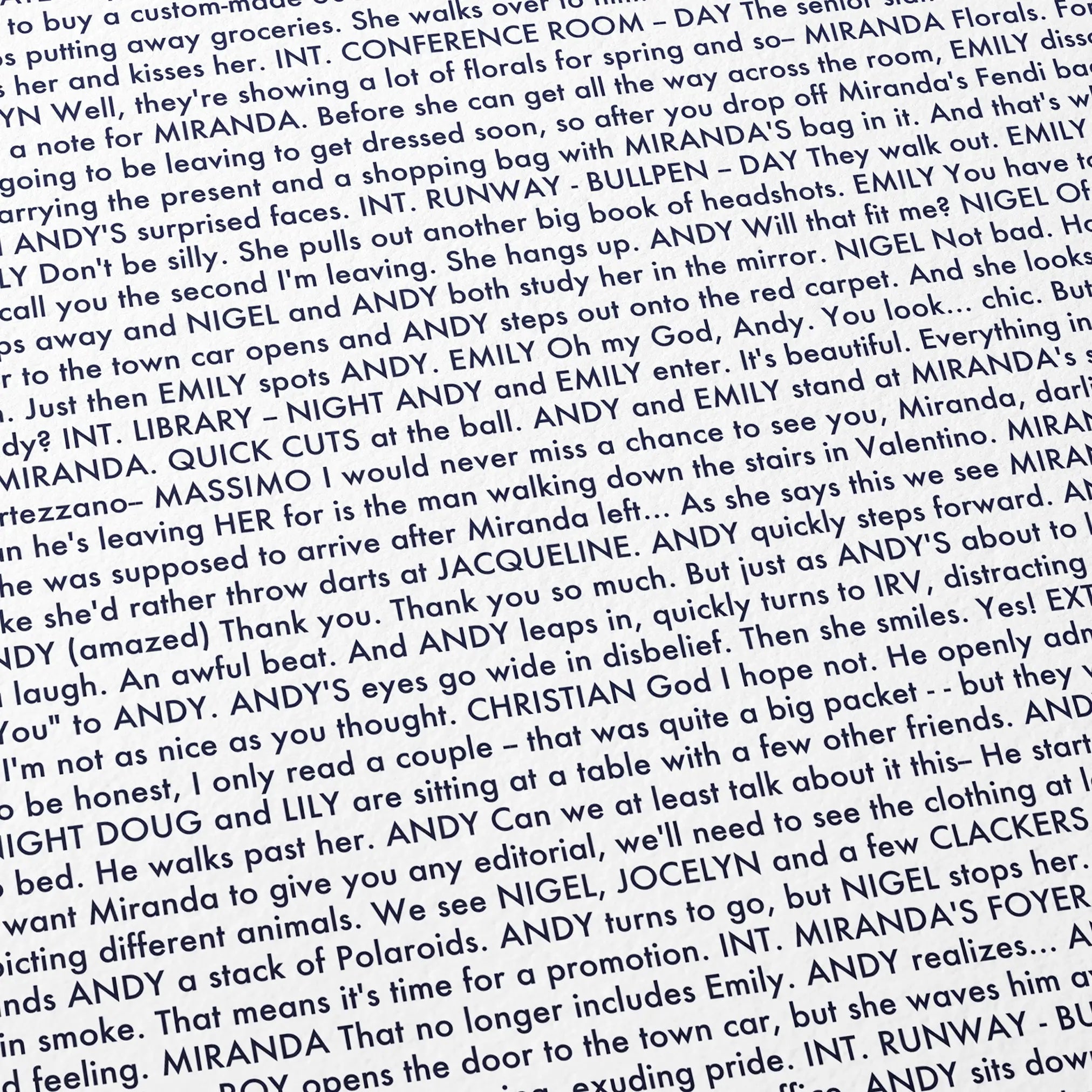 Close-up detail of the The Devil Wears Prada movie script poster showing dense typographic text.