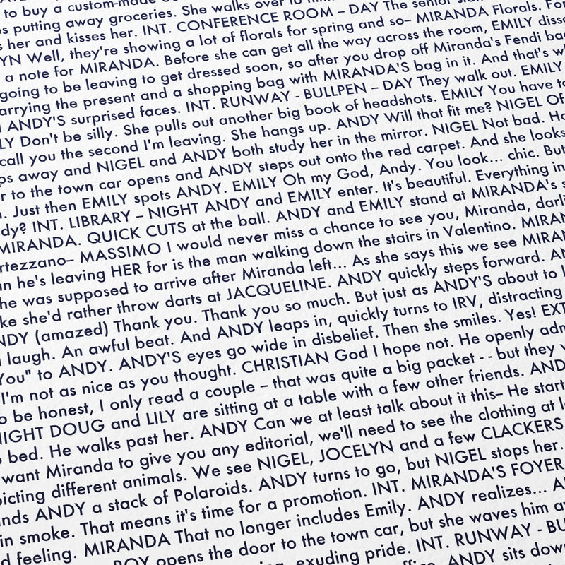 Close-up detail of the The Devil Wears Prada movie script poster showing dense typographic text.