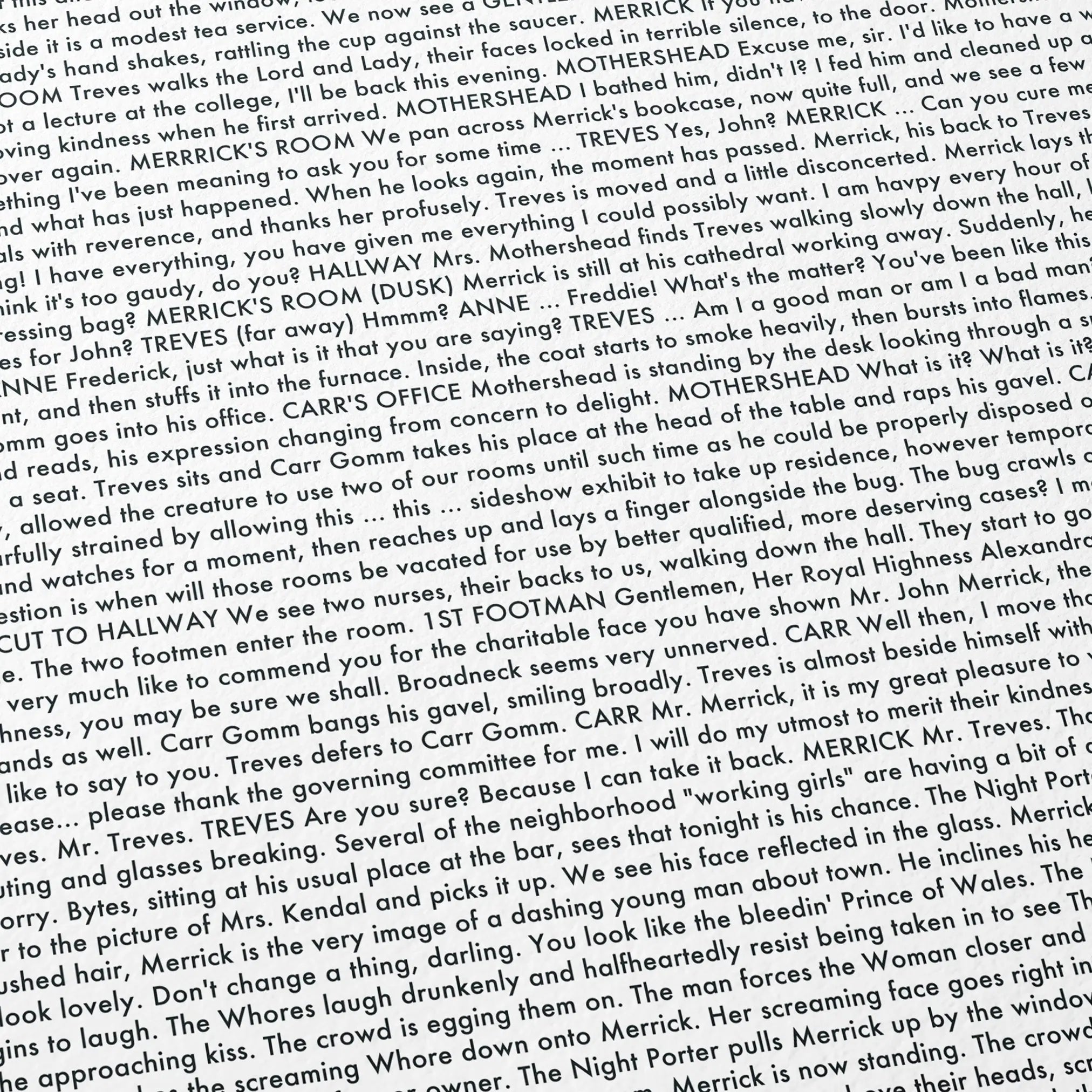 Close-up detail of the The Elephant Man movie script poster showing dense typographic text.