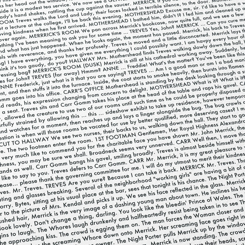 Close-up detail of the The Elephant Man movie script poster showing dense typographic text.