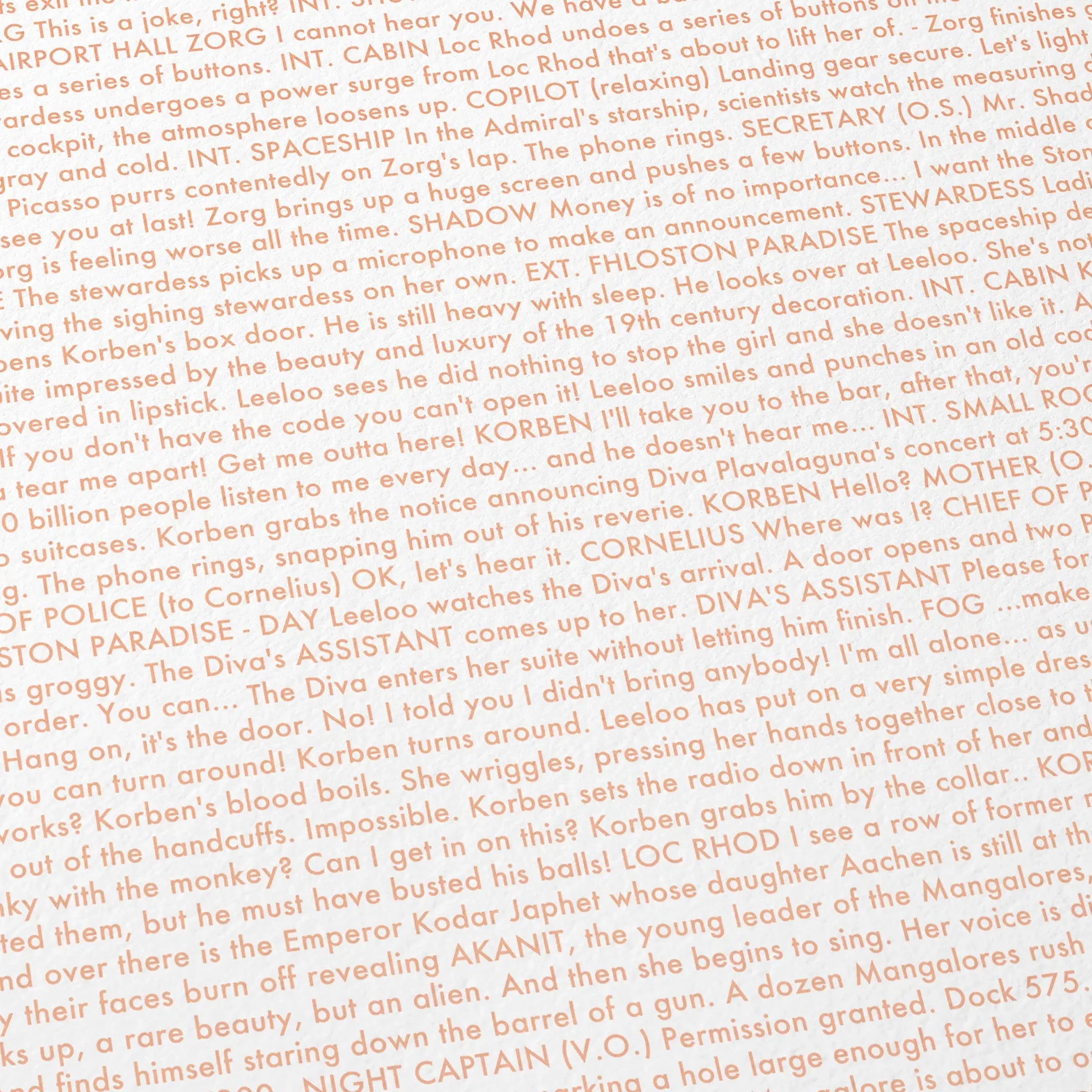 Close-up detail of the The Fifth Element movie script poster showing dense typographic text.