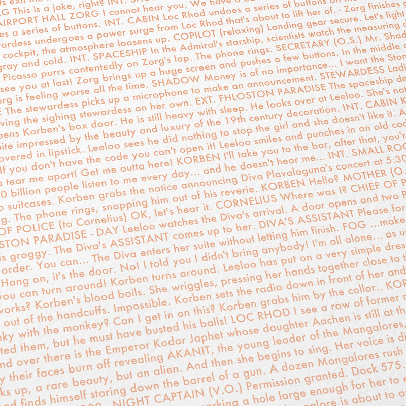 Close-up detail of the The Fifth Element movie script poster showing dense typographic text.