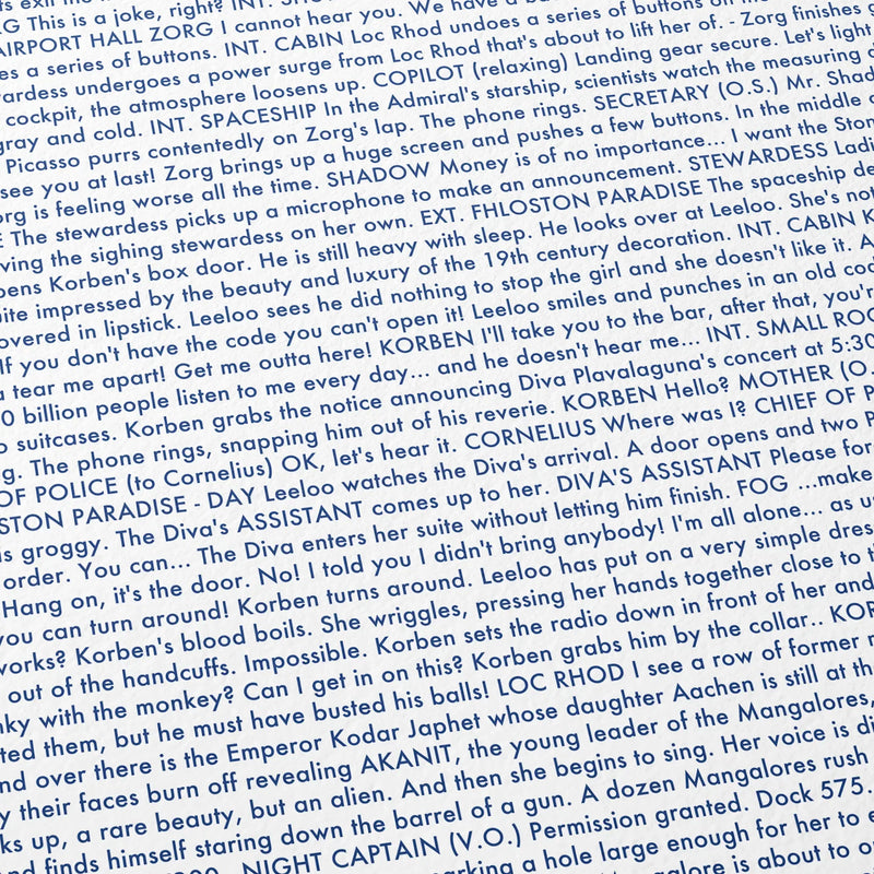 Close-up detail of the The Fifth Element movie script poster showing dense typographic text.
