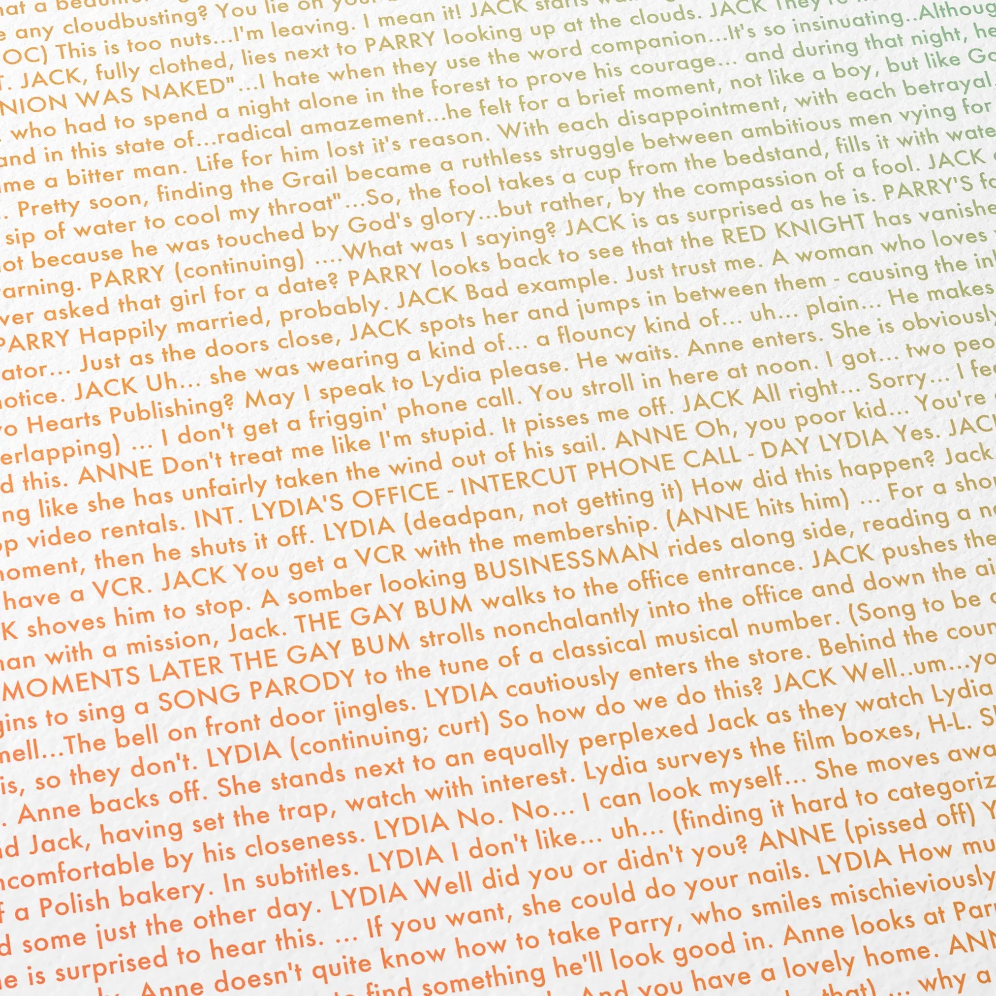 Close-up detail of the The Fisher King movie script poster showing dense typographic text.