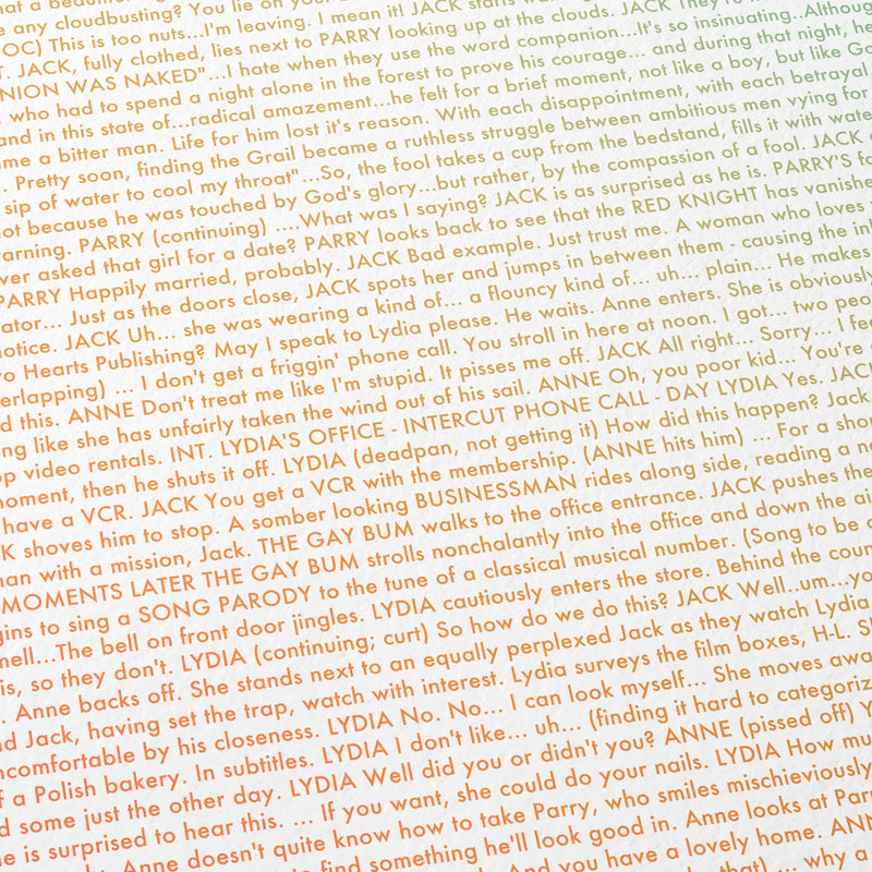 Close-up detail of the The Fisher King movie script poster showing dense typographic text.