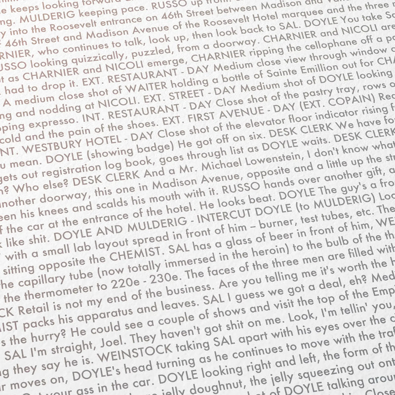Close-up detail of the The French Connection movie script poster showing dense typographic text.