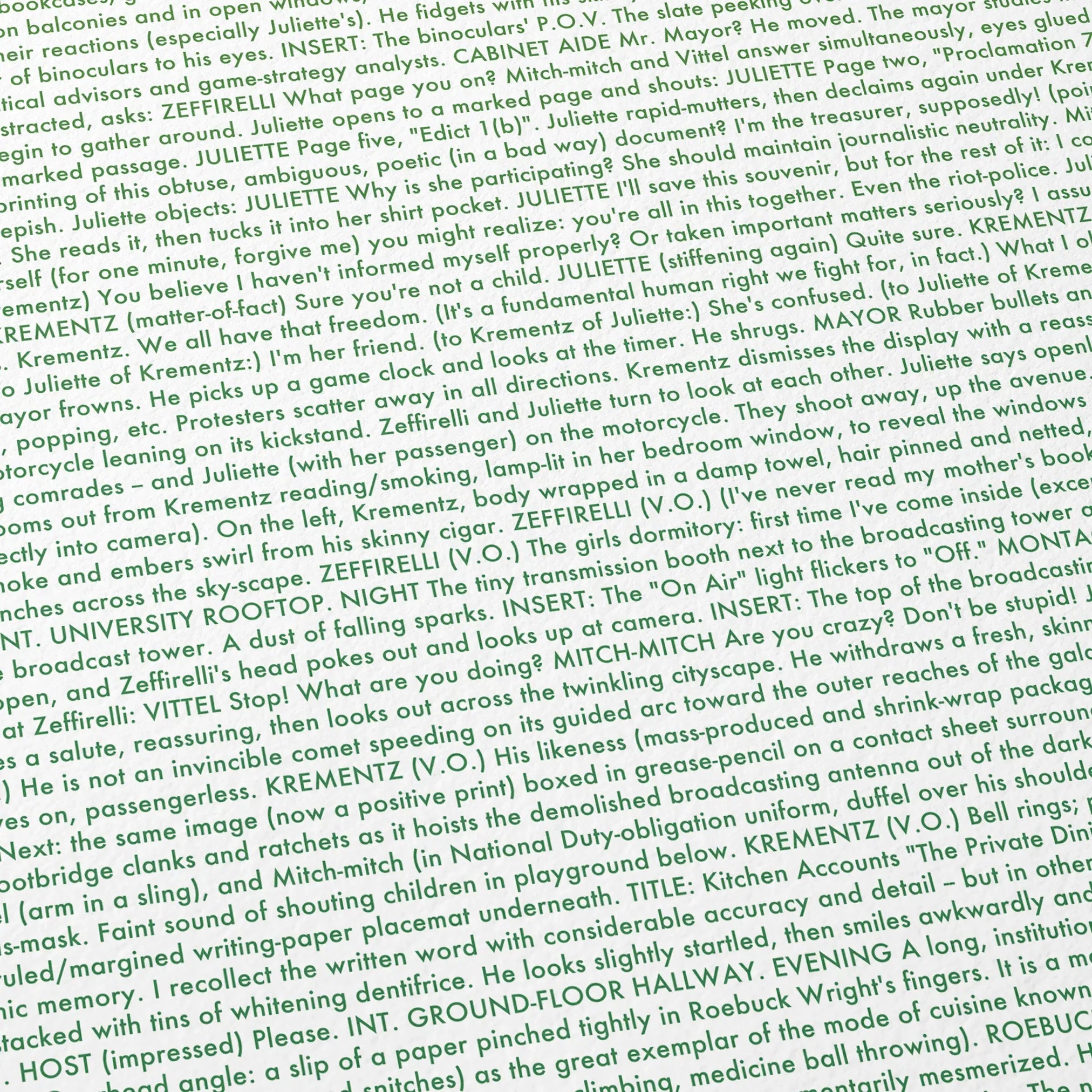 Close-up detail of the The French Dispatch movie script poster showing dense typographic text.