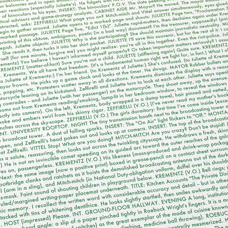 Close-up detail of the The French Dispatch movie script poster showing dense typographic text.