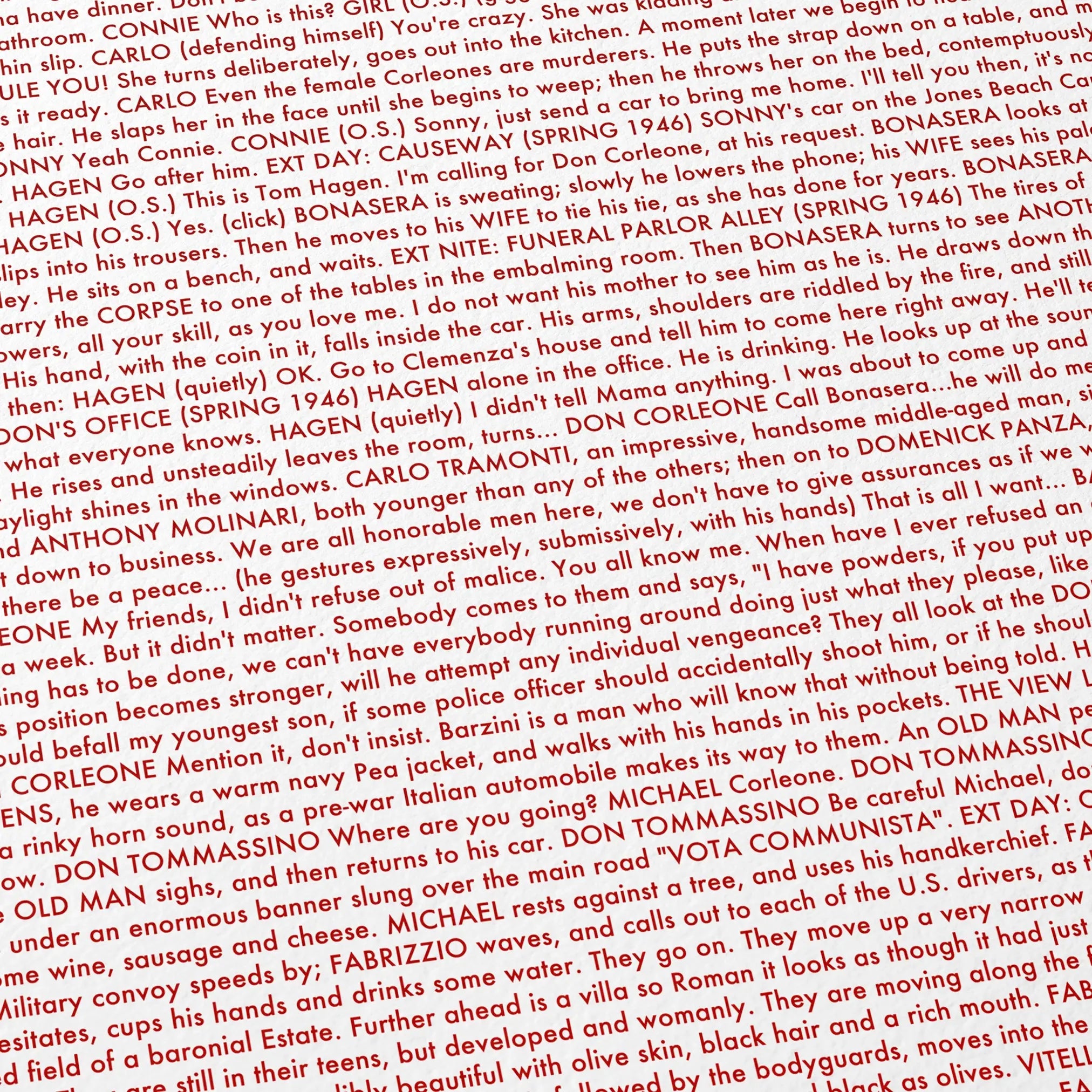 Close-up detail of the The Godfather movie script poster showing dense typographic text.