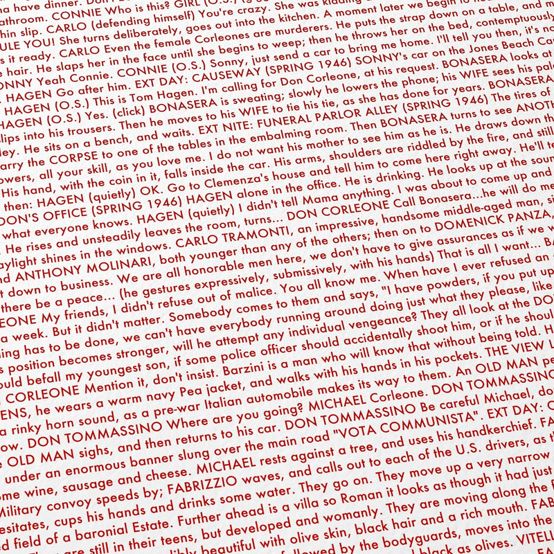 Close-up detail of the The Godfather movie script poster showing dense typographic text.