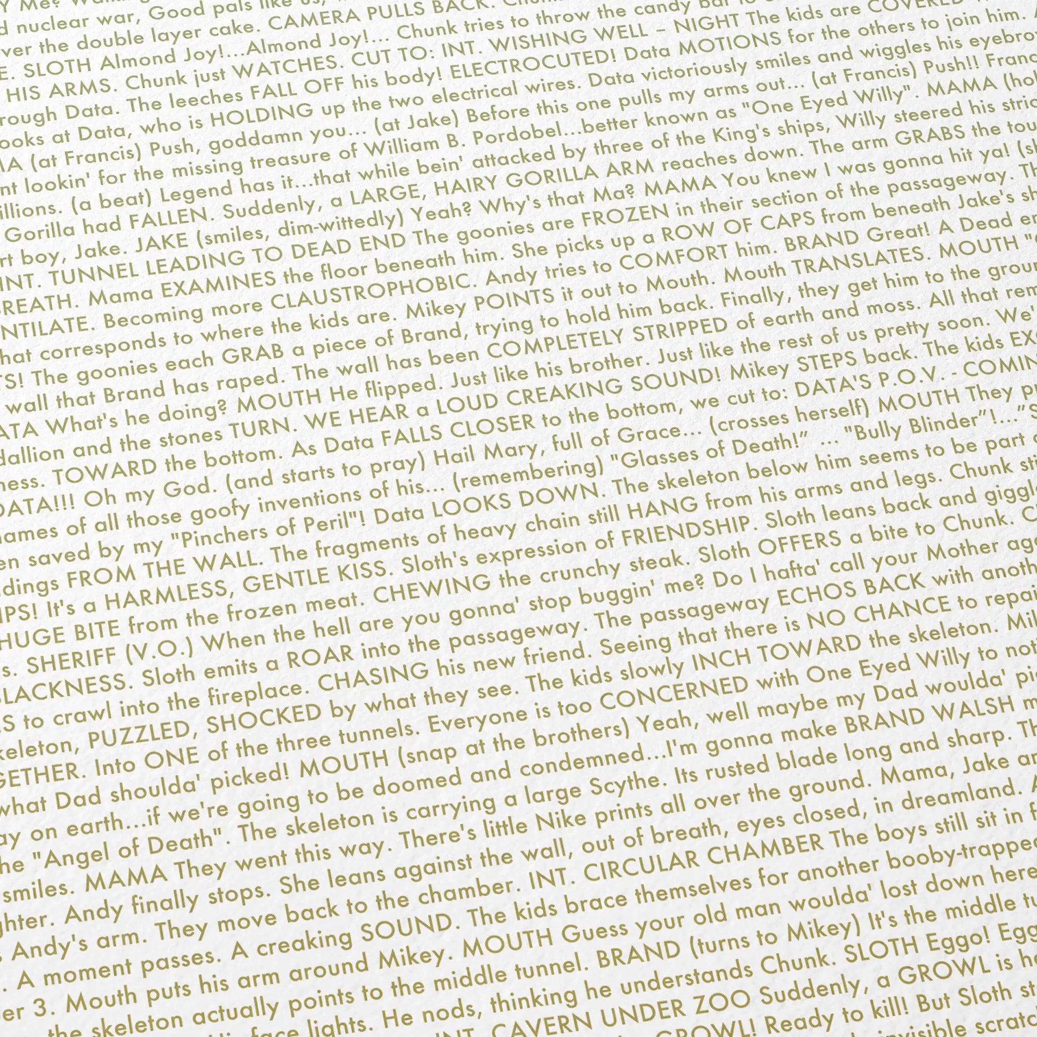 Close-up detail of the The Goonies movie script poster showing text.
