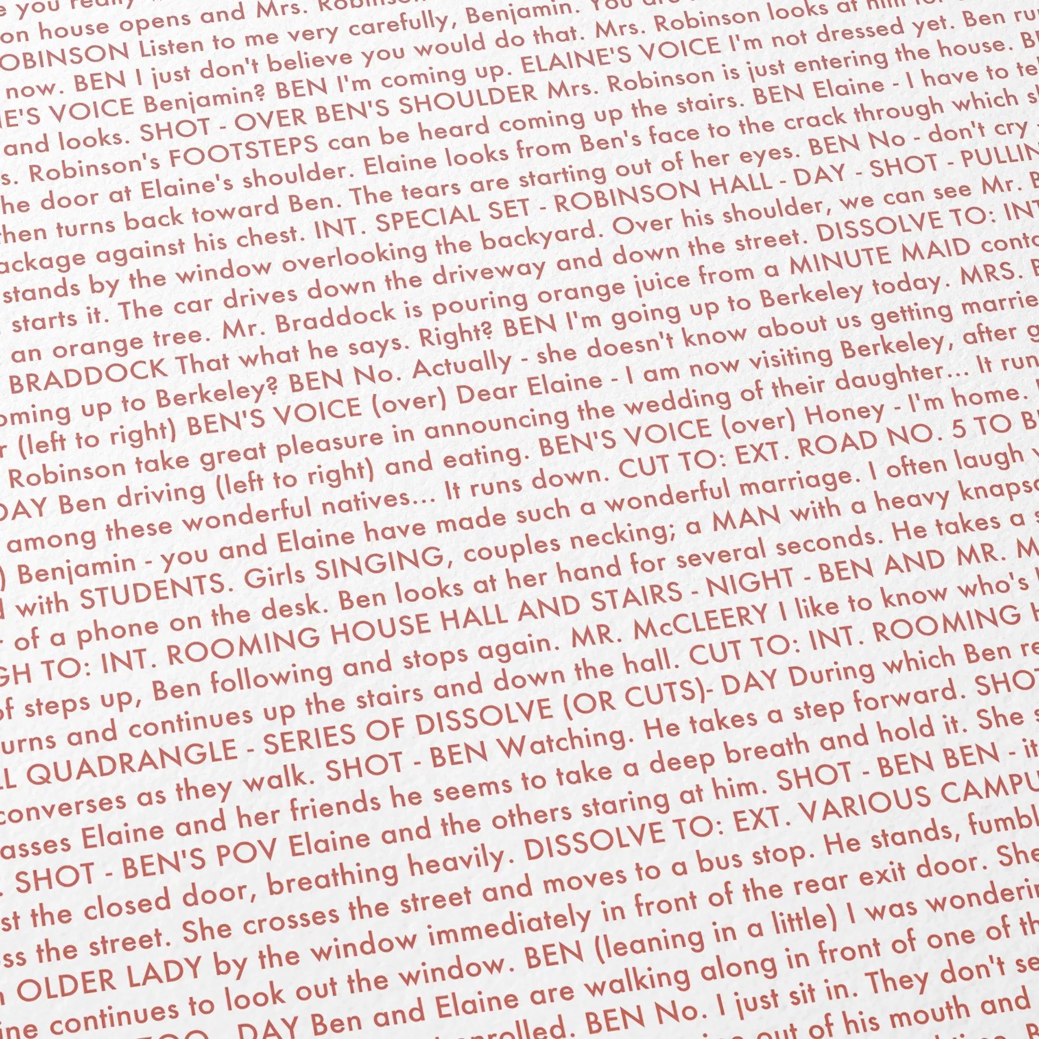 Close-up detail of the The Graduate movie script poster showing dense typographic text.