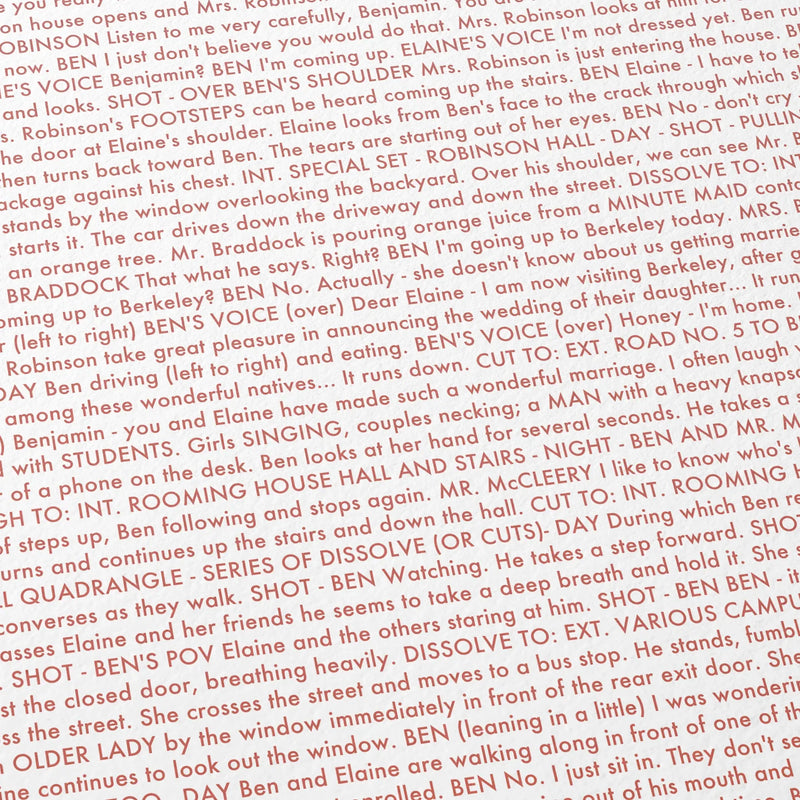 Close-up detail of the The Graduate movie script poster showing dense typographic text.