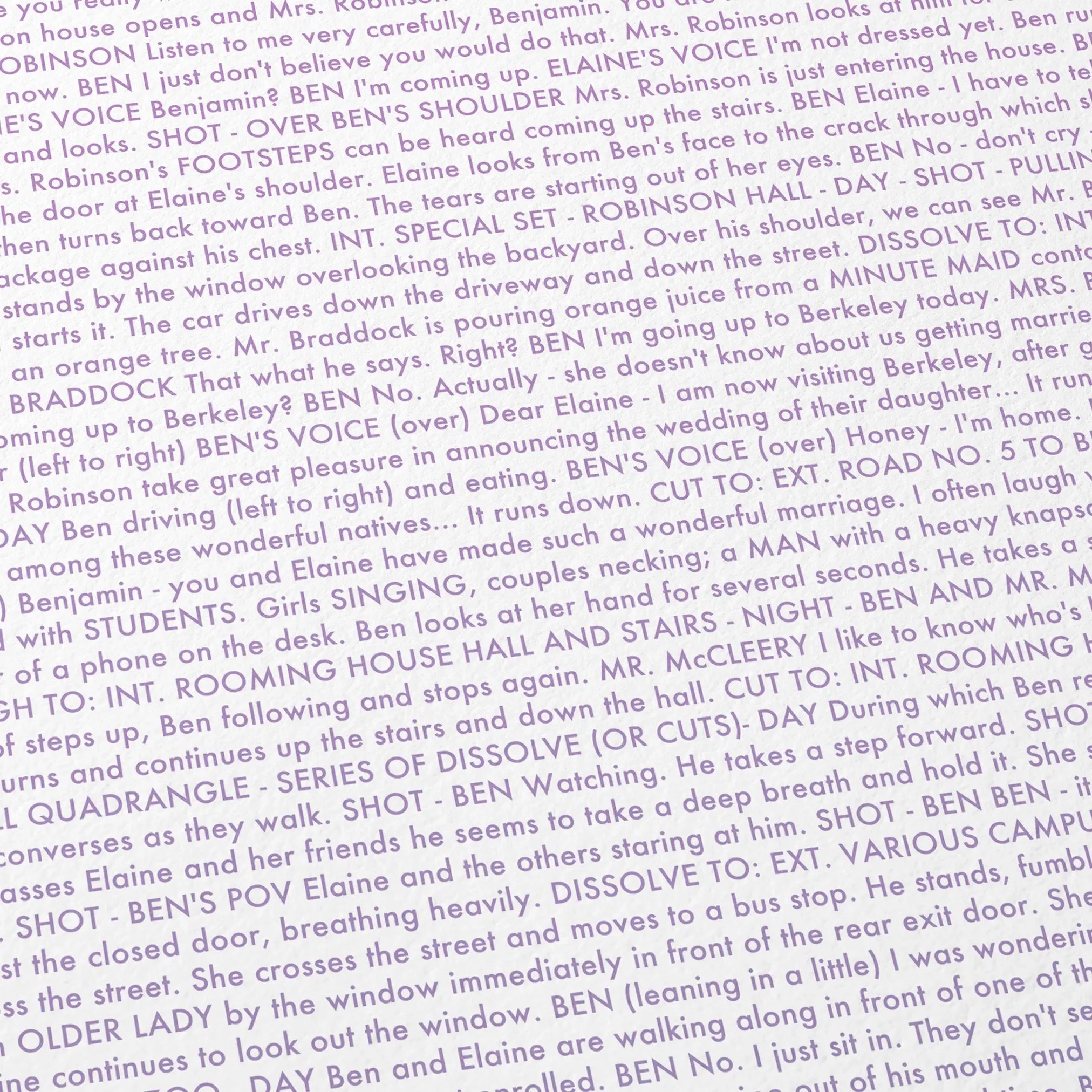 Close-up detail of the The Graduate movie script poster showing dense typographic text.