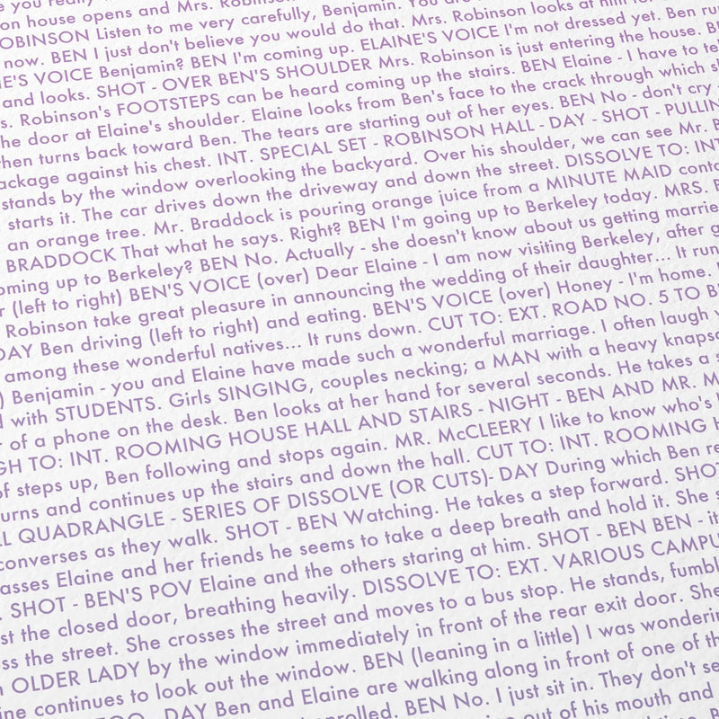 Close-up detail of the The Graduate movie script poster showing dense typographic text.