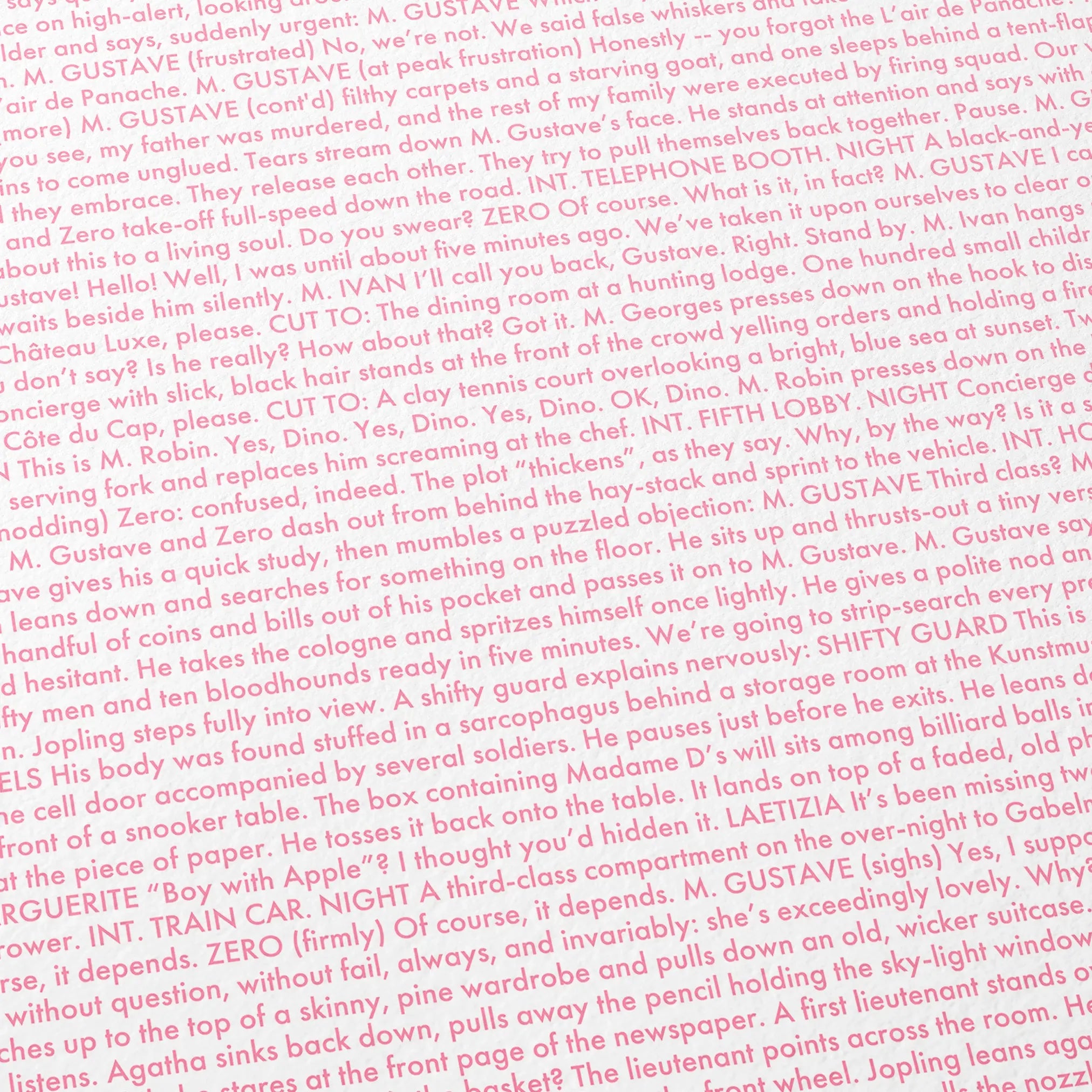 Close-up detail of the The Grand Budapest Hotel movie script poster showing dense typographic text.