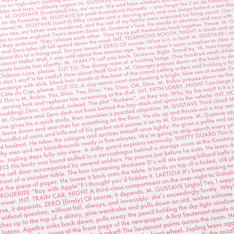 Close-up detail of the The Grand Budapest Hotel movie script poster showing dense typographic text.