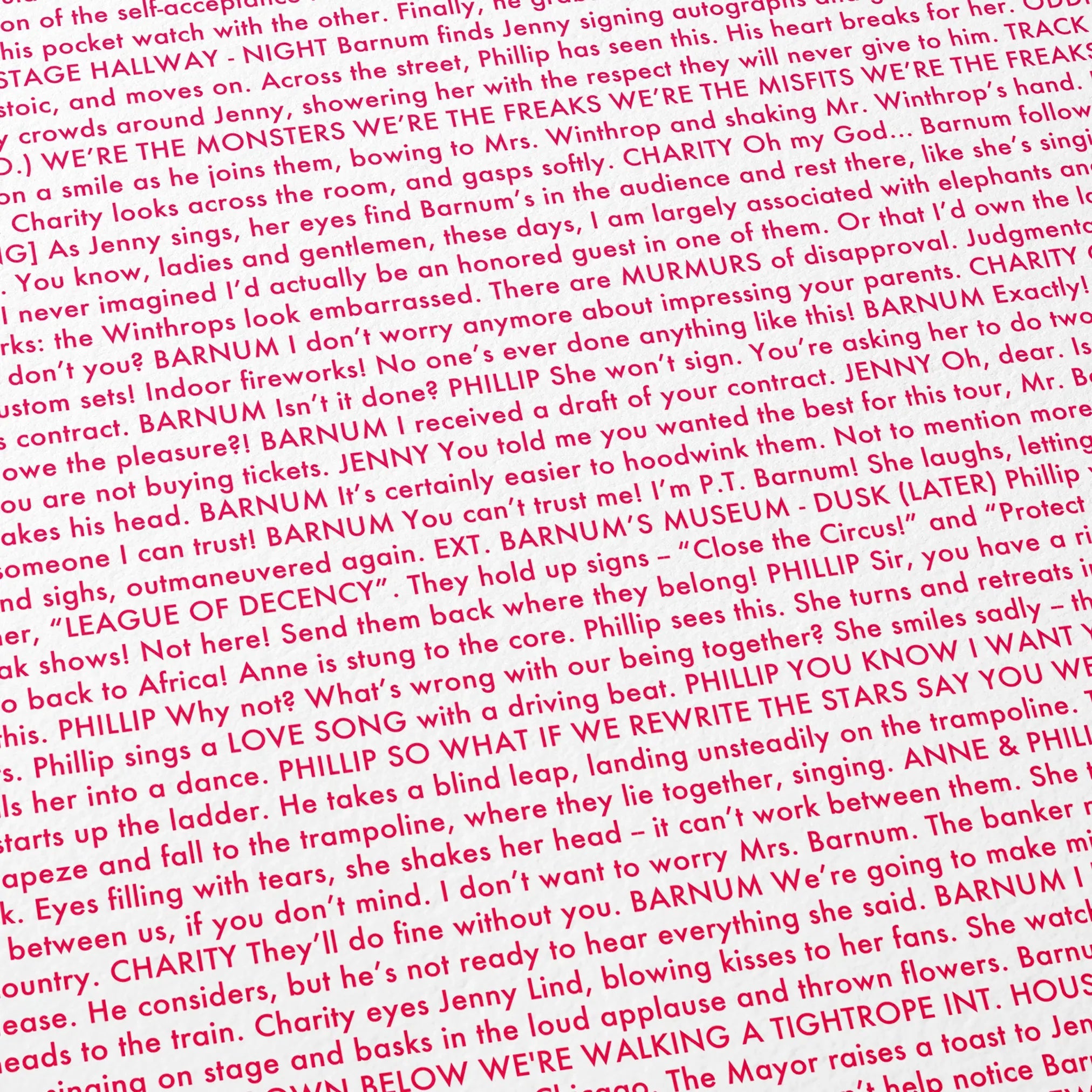 Close-up detail of the The Greatest Showman movie script poster showing dense typographic text.