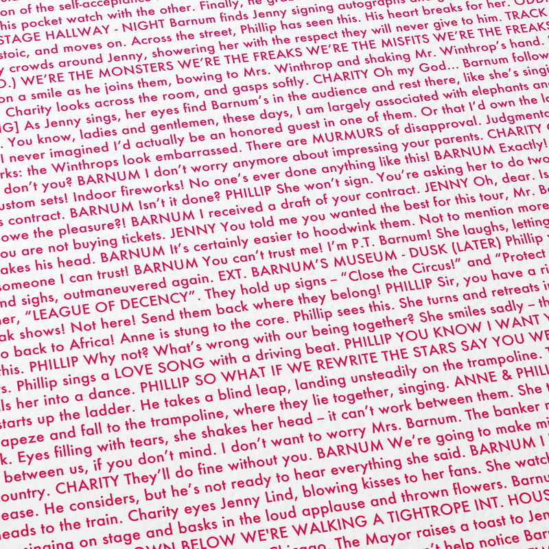 Close-up detail of the The Greatest Showman movie script poster showing dense typographic text.