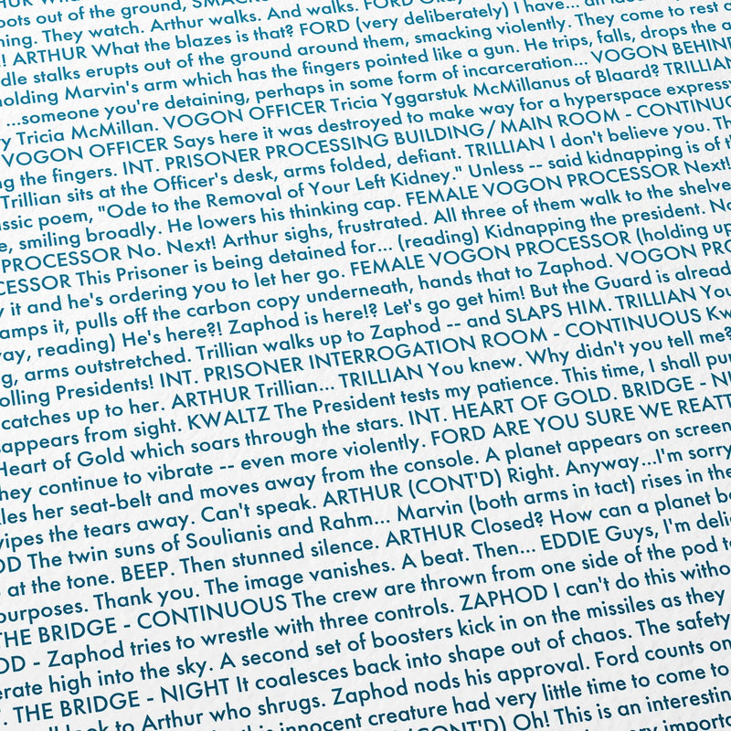 Close-up detail of the The Hitchhiker's Guide to the Galaxy movie script poster showing dense typographic text.