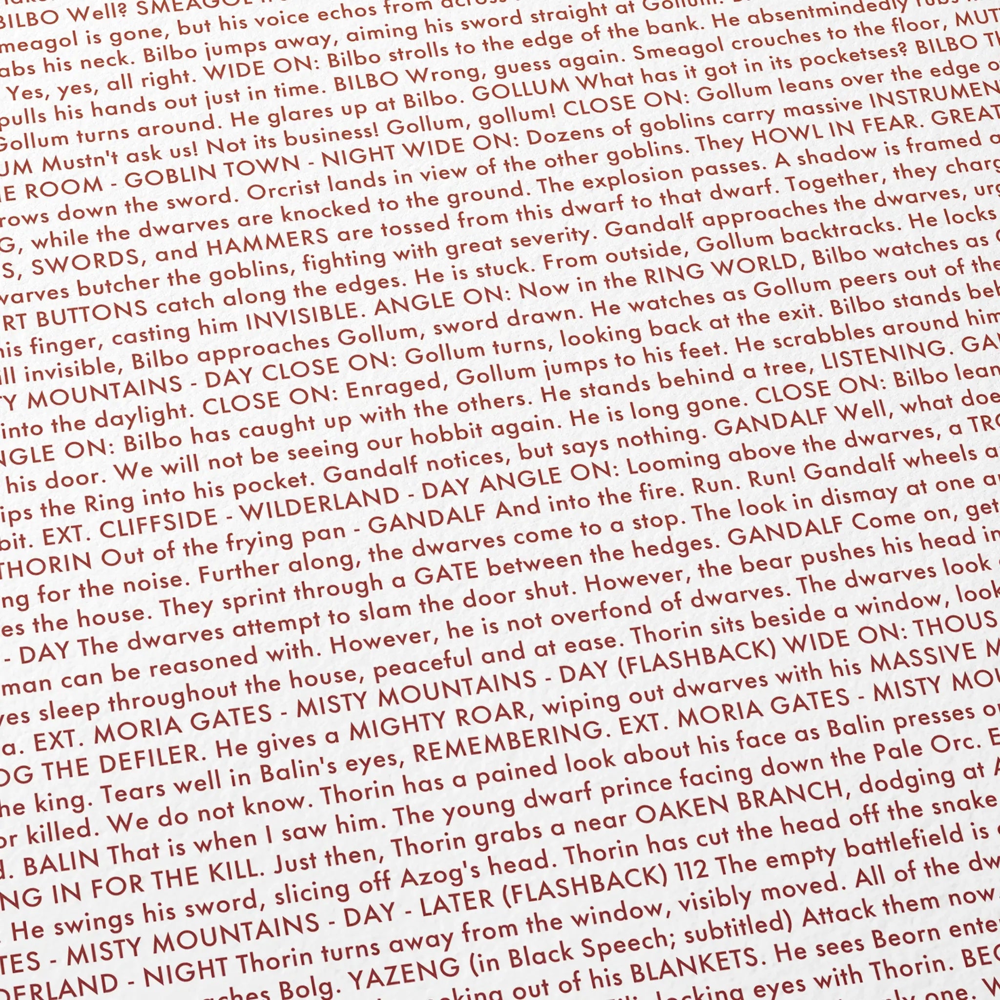Close-up detail of the The Hobbit: An Unexpected Journey movie script poster showing dense typographic text.