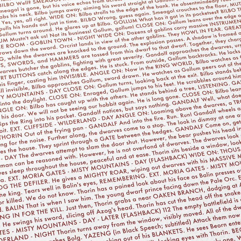 Close-up detail of the The Hobbit: An Unexpected Journey movie script poster showing dense typographic text.