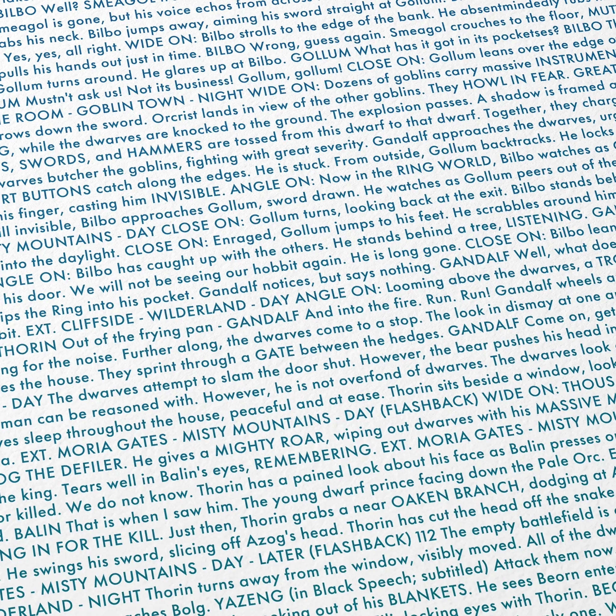 Close-up detail of the The Hobbit: An Unexpected Journey movie script poster showing dense typographic text.