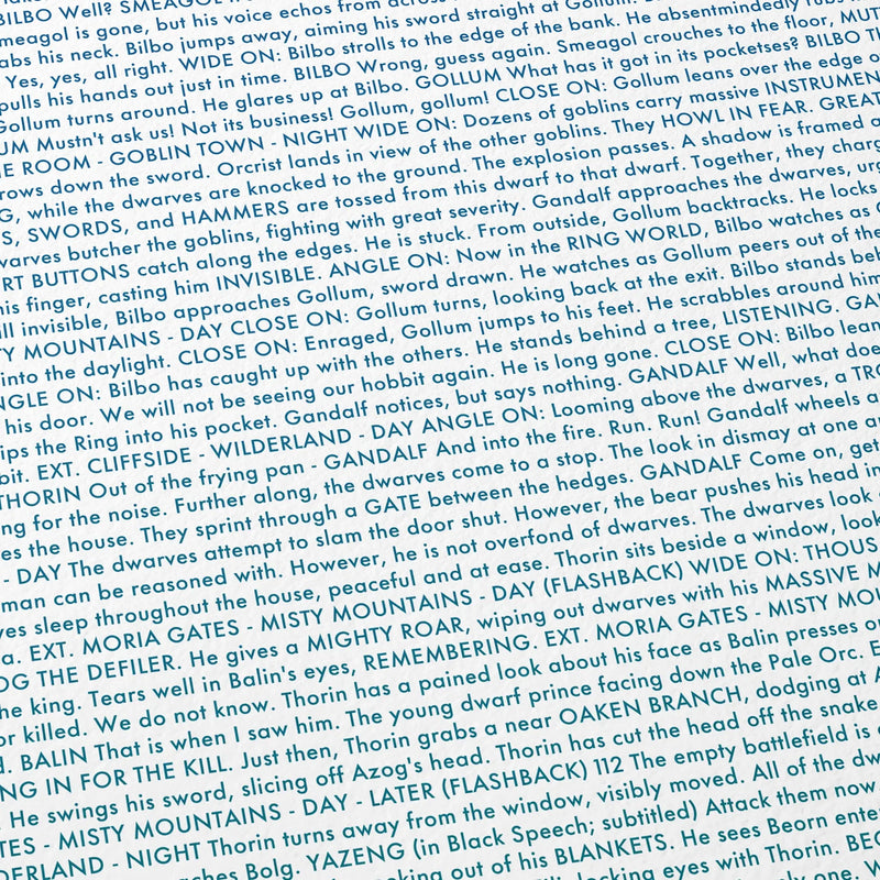 Close-up detail of the The Hobbit: An Unexpected Journey movie script poster showing dense typographic text.