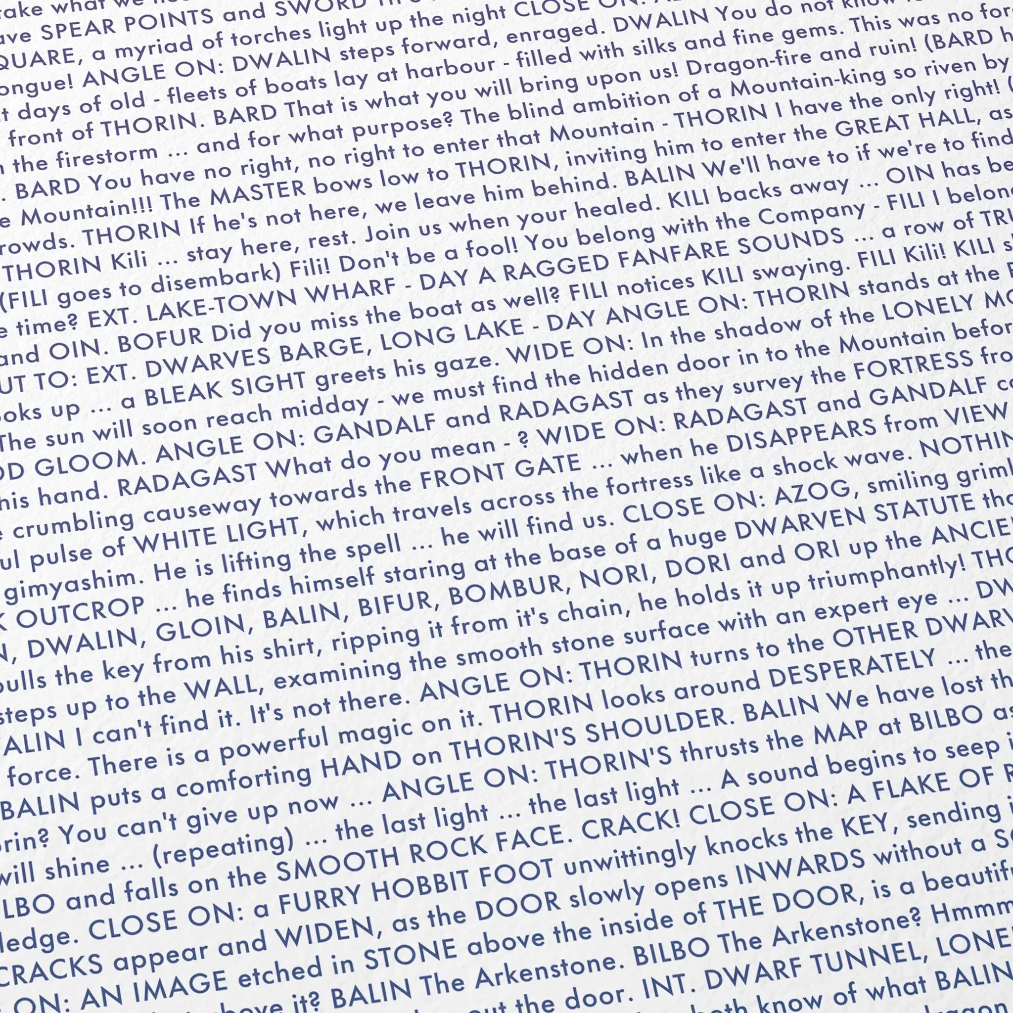 Close-up detail of the The Hobbit: The Desolation of Smaug movie script poster showing dense typographic text.