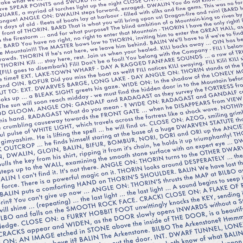 Close-up detail of the The Hobbit: The Desolation of Smaug movie script poster showing dense typographic text.