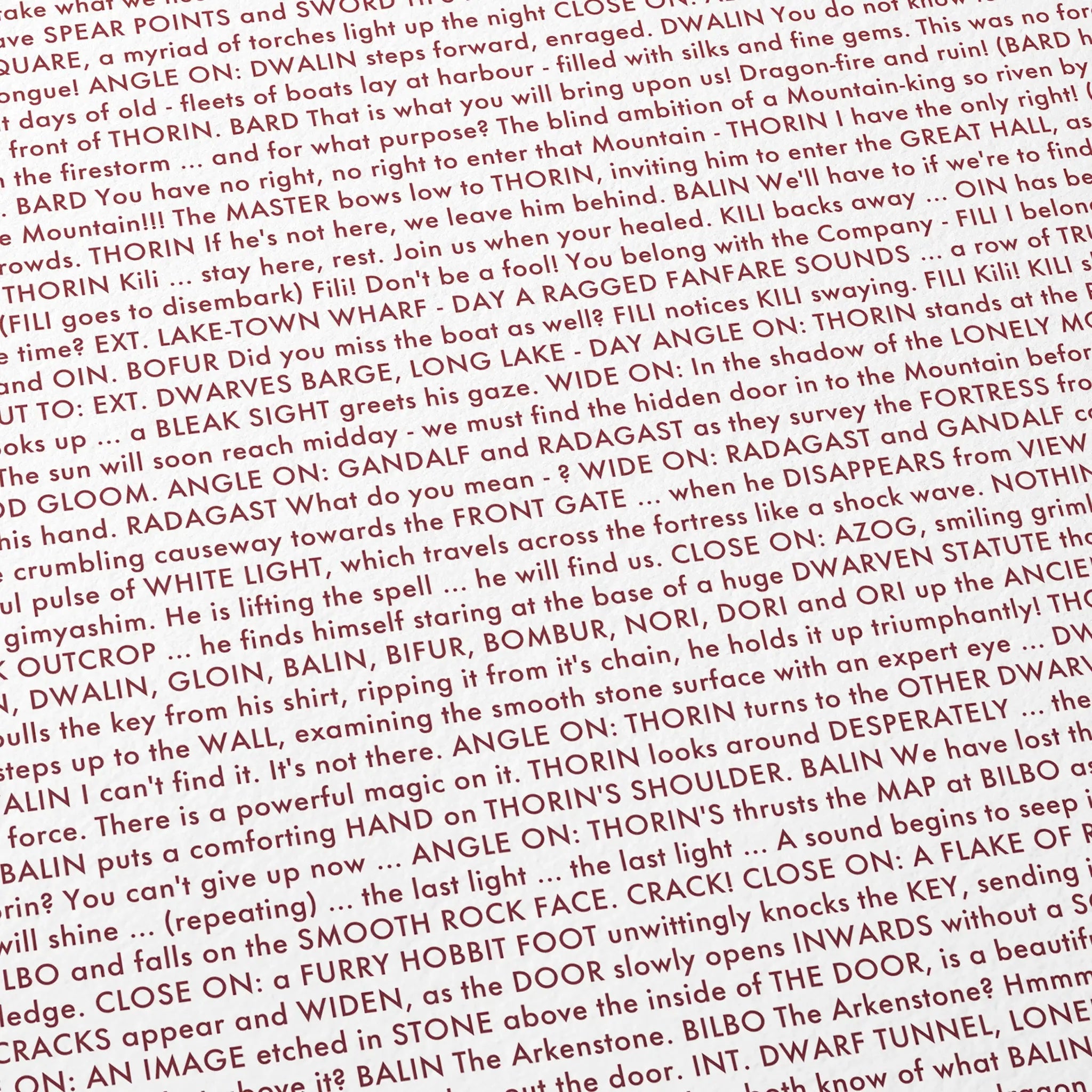 Close-up detail of the The Hobbit: The Desolation of Smaug movie script poster showing dense typographic text.