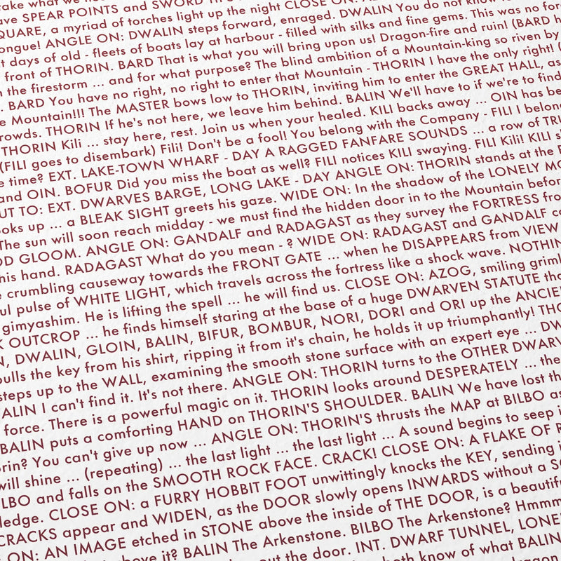 Close-up detail of the The Hobbit: The Desolation of Smaug movie script poster showing dense typographic text.