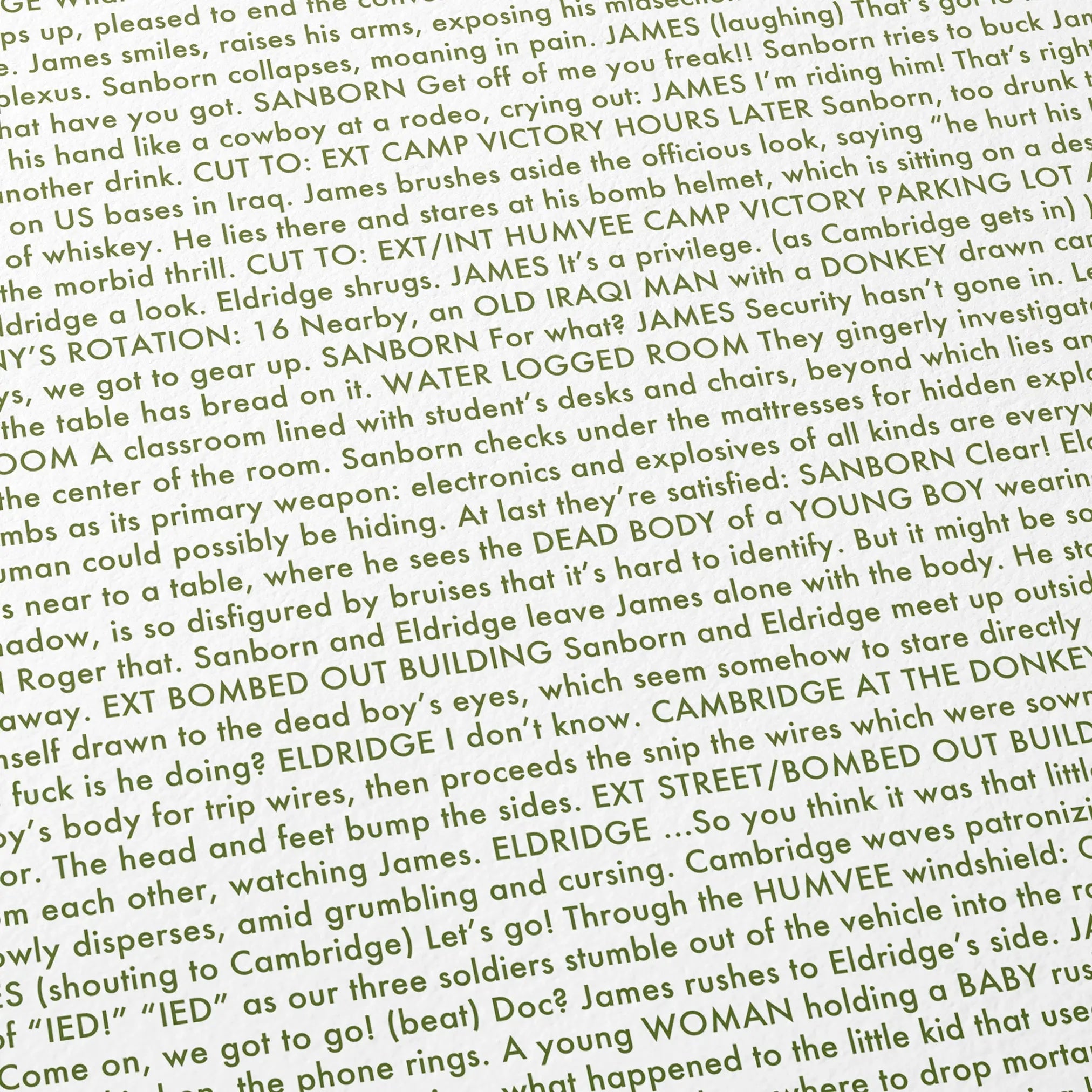 Close-up detail of the The Hurt Locker movie script poster showing dense typographic text.
