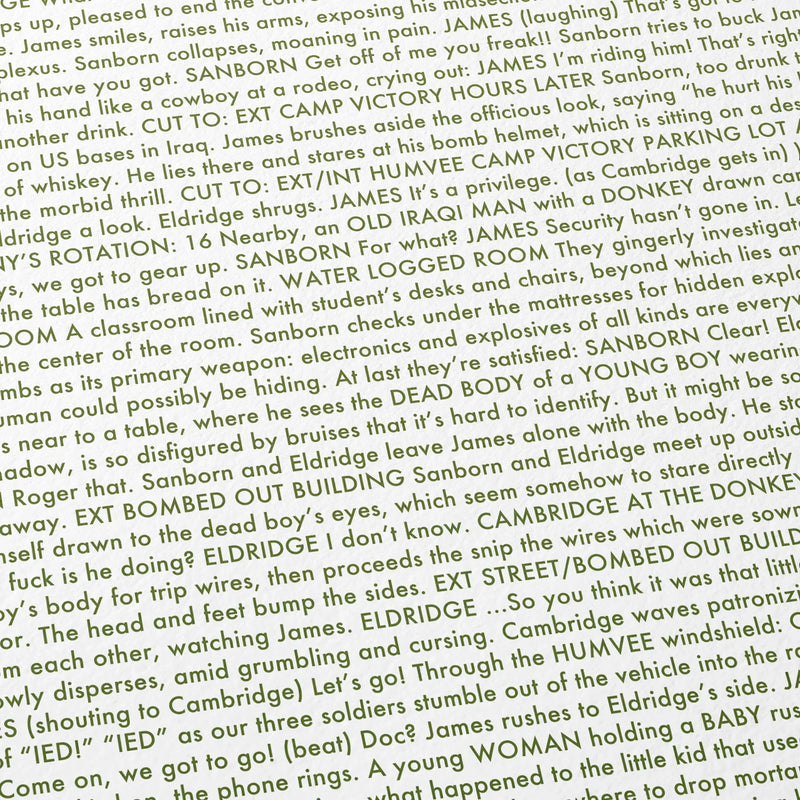 Close-up detail of the The Hurt Locker movie script poster showing dense typographic text.