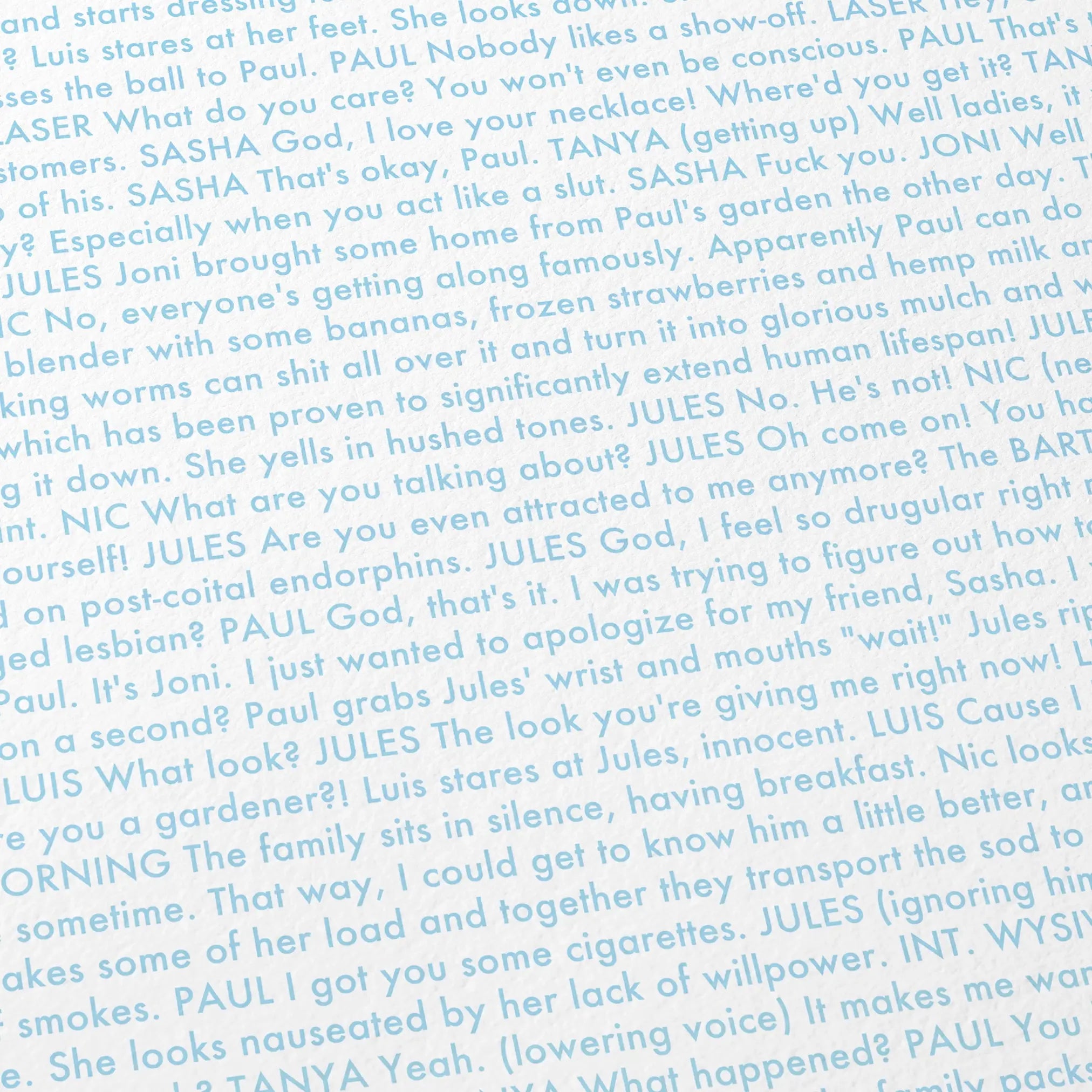 Close-up detail of the The Kids Are All Right movie script poster showing dense typographic text.