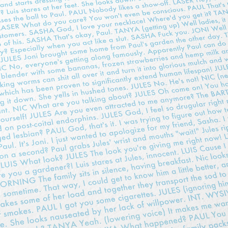 Close-up detail of the The Kids Are All Right movie script poster showing dense typographic text.