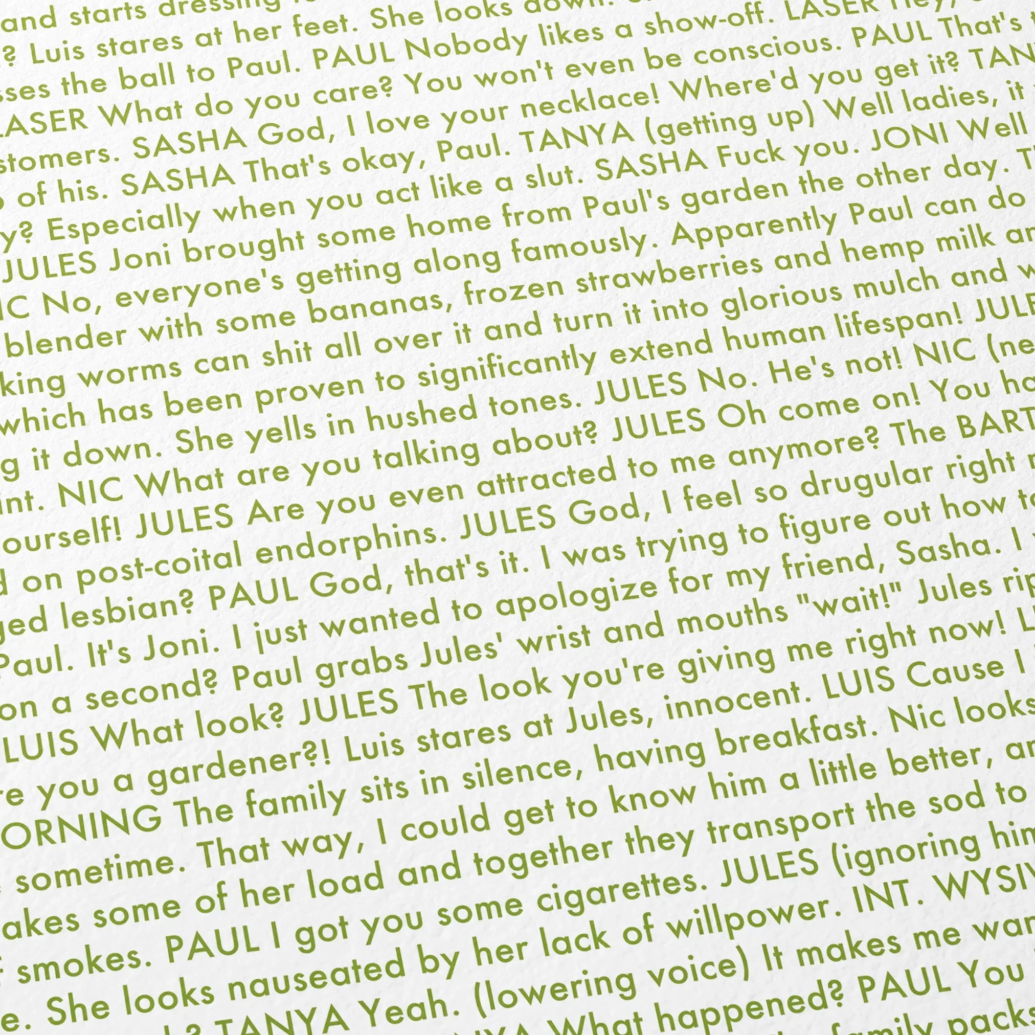 Close-up detail of the The Kids Are All Right movie script poster showing dense typographic text.