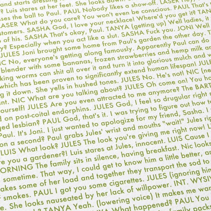 Close-up detail of the The Kids Are All Right movie script poster showing dense typographic text.