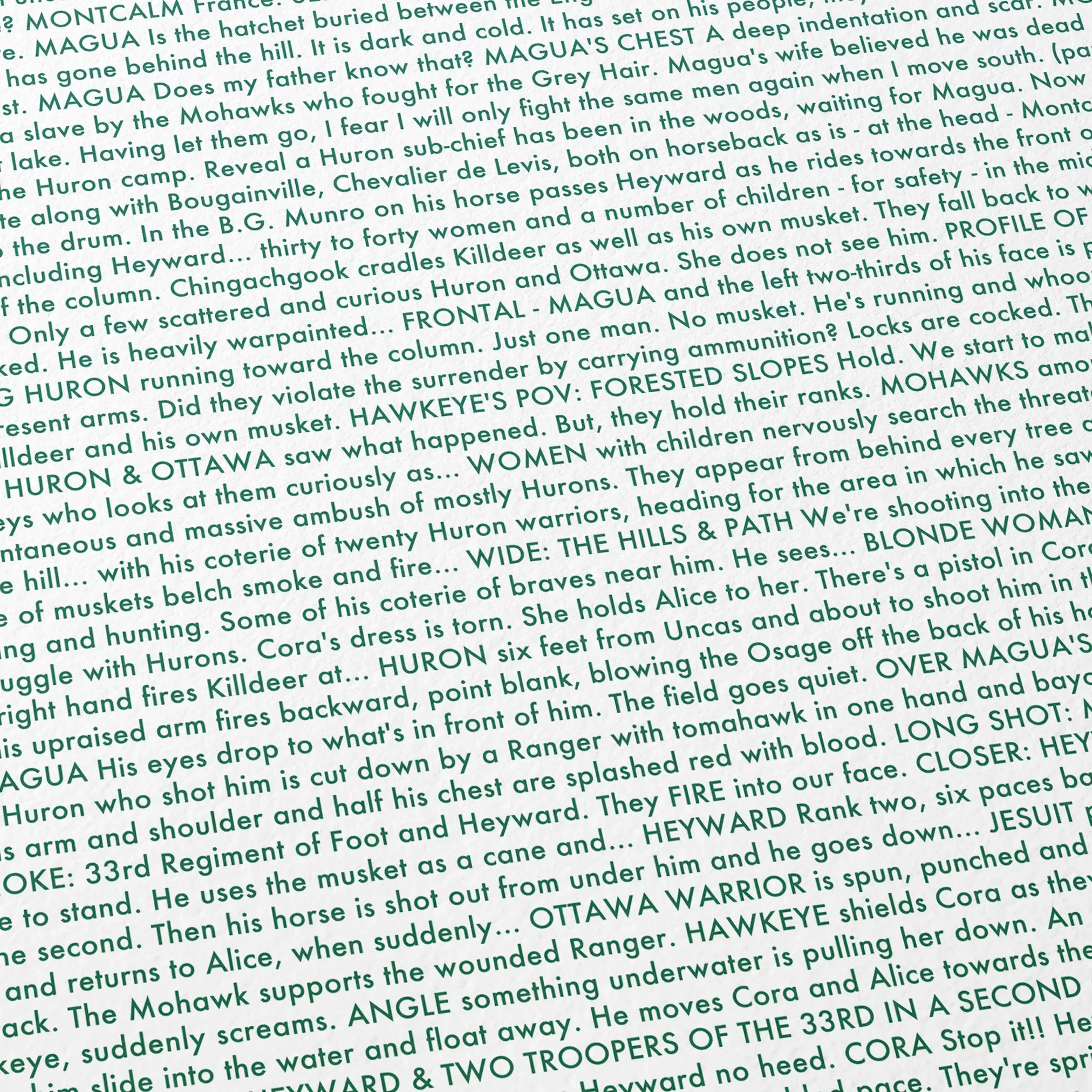 Close-up detail of the The Last of the Mohicans movie script poster showing dense typographic text.